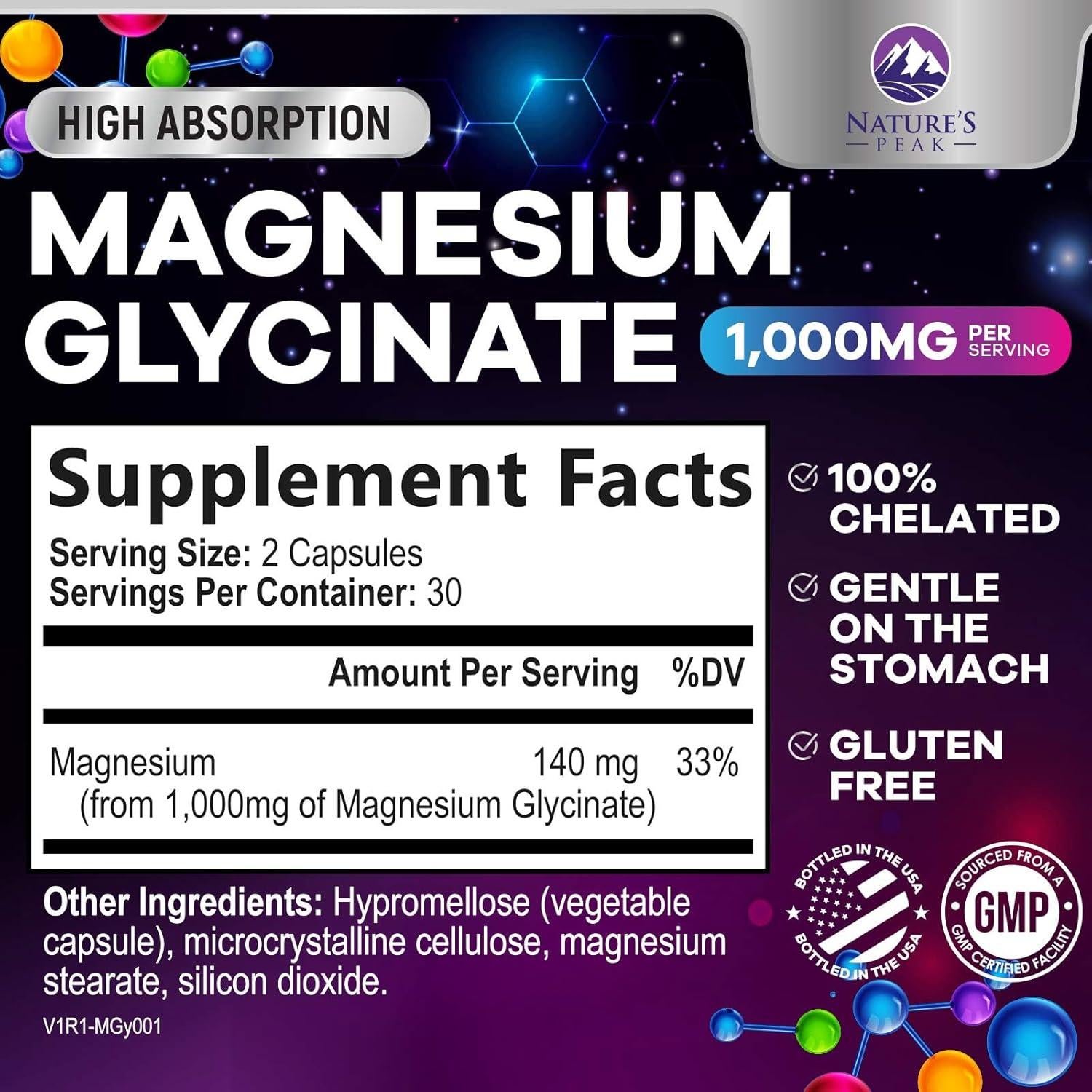 Suplemento de Magnesio Glicinato 1000 mg Nature's Peak - 60 Cápsulas