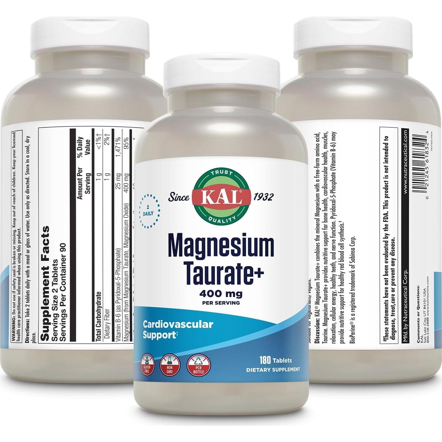 KAL Taurato de Magnesio 400mg + Coenzima B6, 180 Tabletas
