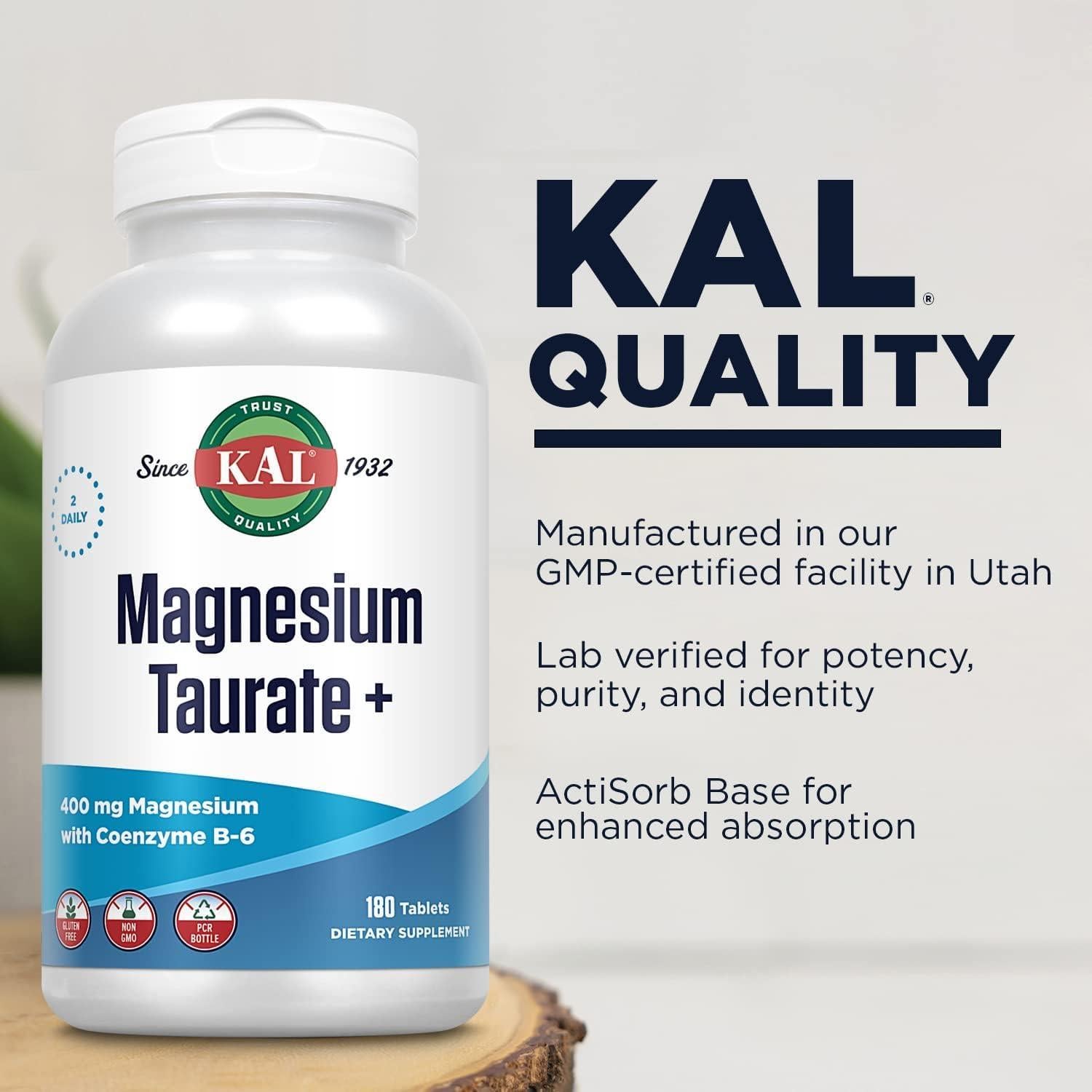 KAL Taurato de Magnesio 400mg + Coenzima B6, 180 Tabletas