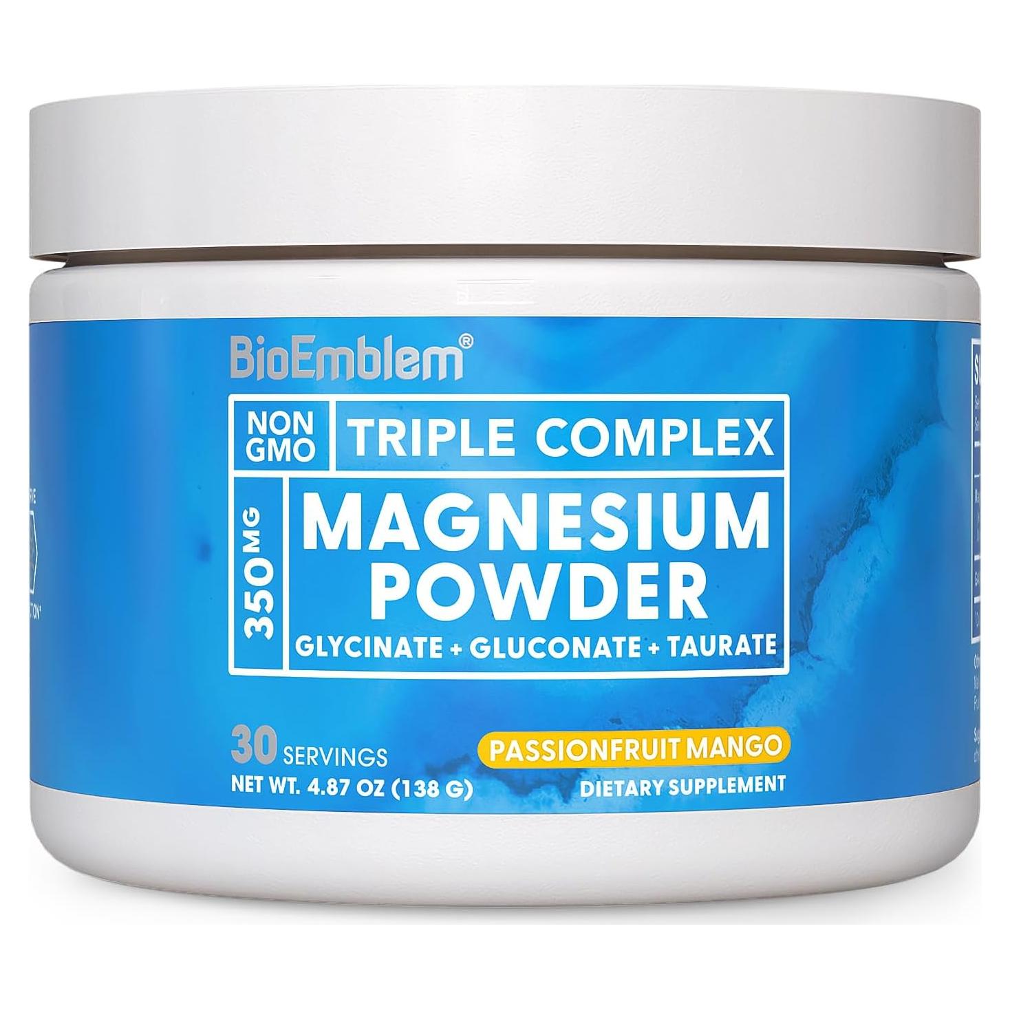 BioEmblem Polvo de Triple Magnesio 350mg - Sabor Maracuyá Mango - 30 Porciones