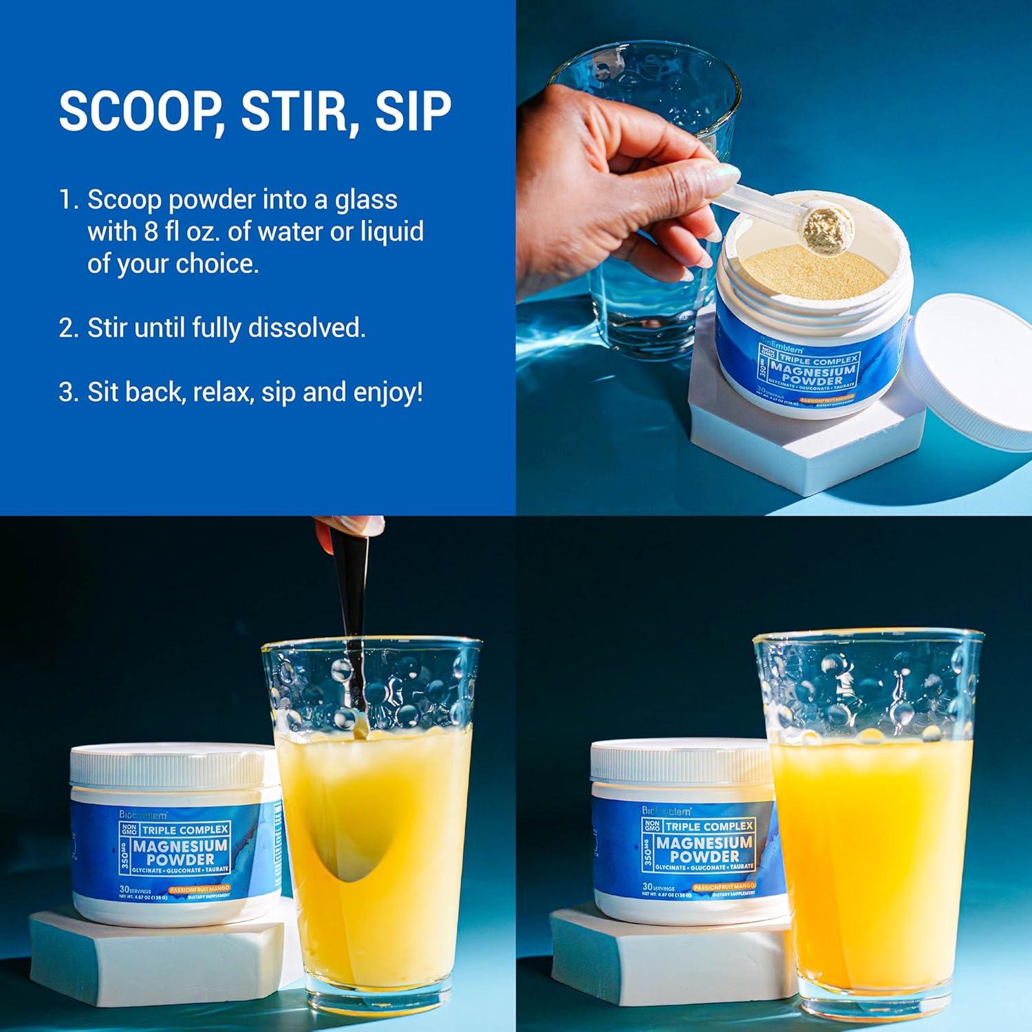 BioEmblem Polvo de Triple Magnesio 350mg - Sabor Maracuyá Mango - 30 Porciones