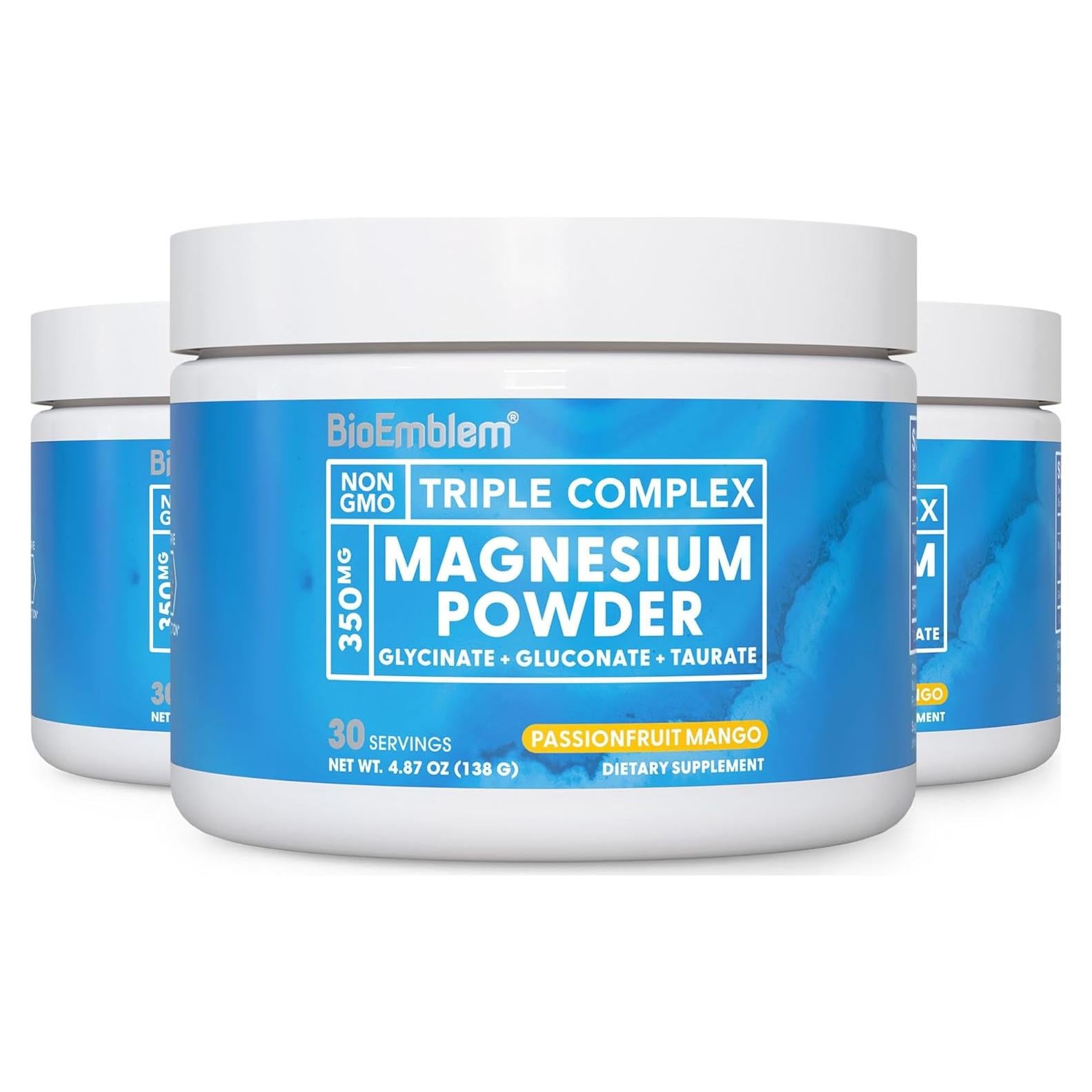 BioEmblem Polvo de Magnesio Bebible 350mg - Glicinato, Gluconato, Taurato - Sabor Maracuyá Mango - 90 Porciones