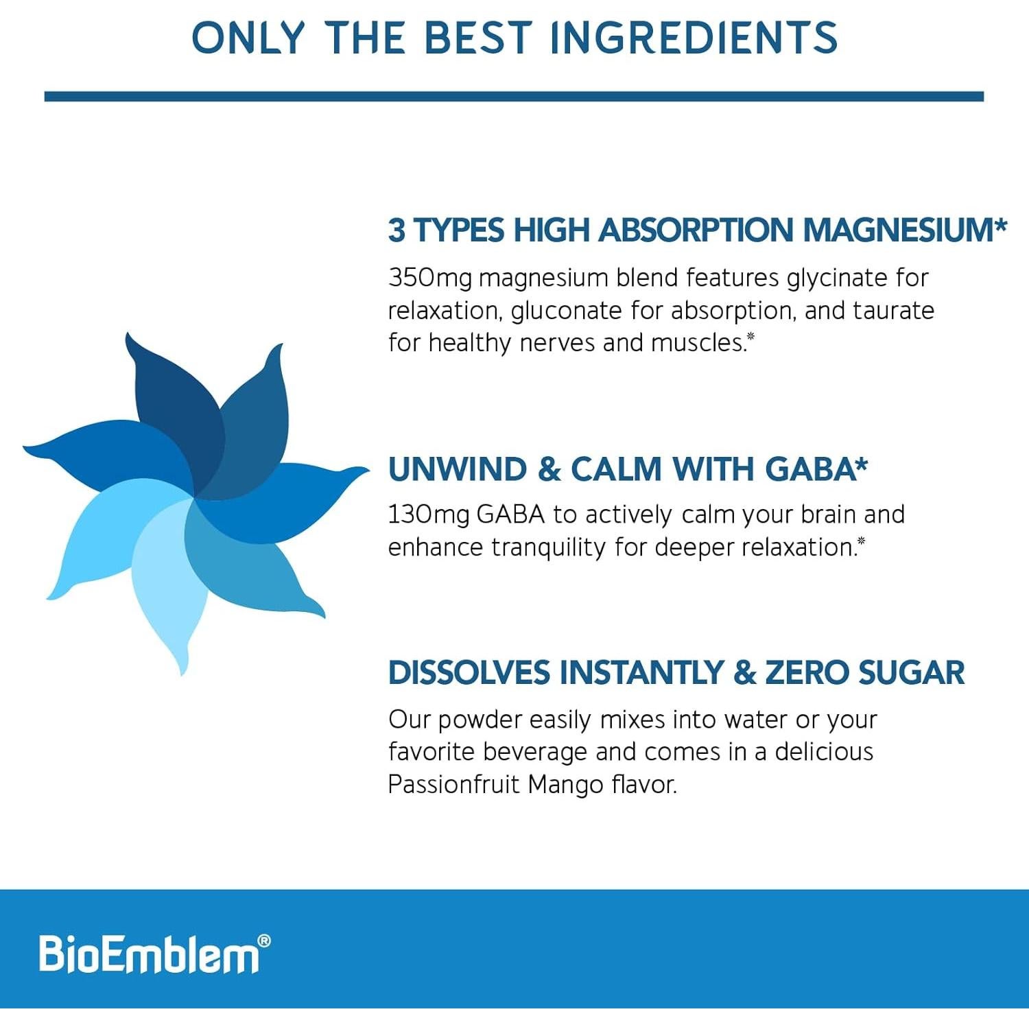 BioEmblem Polvo de Magnesio Bebible 350mg - Glicinato, Gluconato, Taurato - Sabor Maracuyá Mango - 90 Porciones