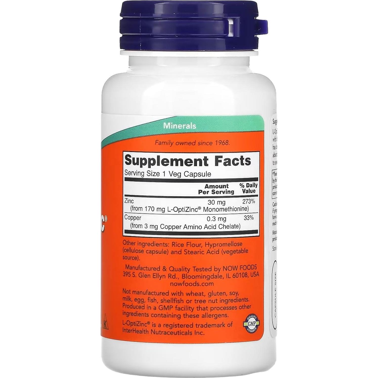 L-OptiZinc Zinc Metionina 30 mg 100 Cápsulas Now Foods