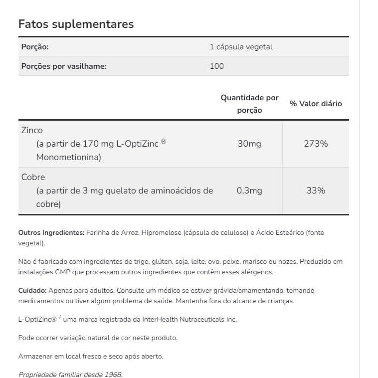 L-OptiZinc Zinc Metionina 30 mg 100 Cápsulas Now Foods