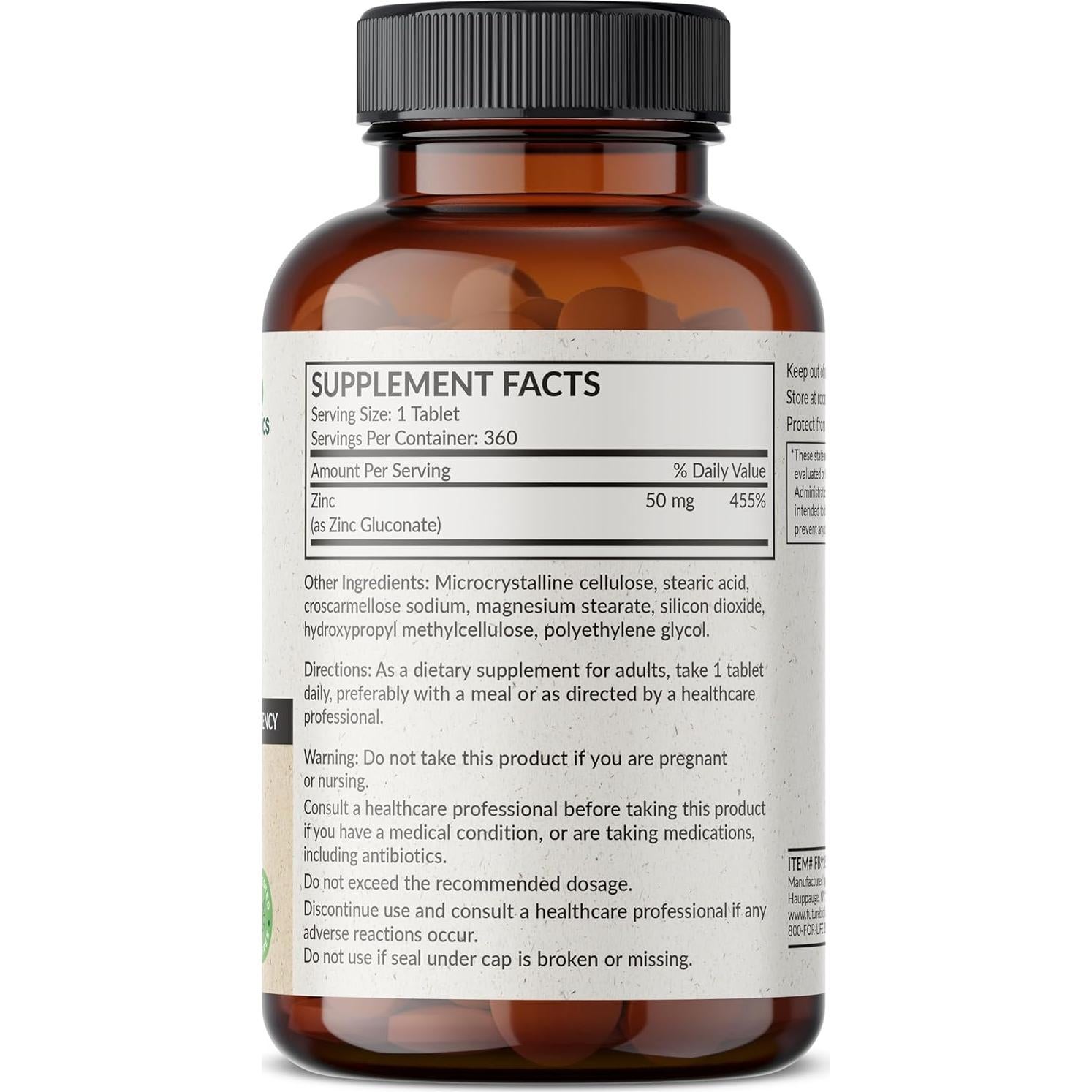 Suplemento de Zinc 50 MG Futurebiotics - 360 Tabletas Vegetarianas