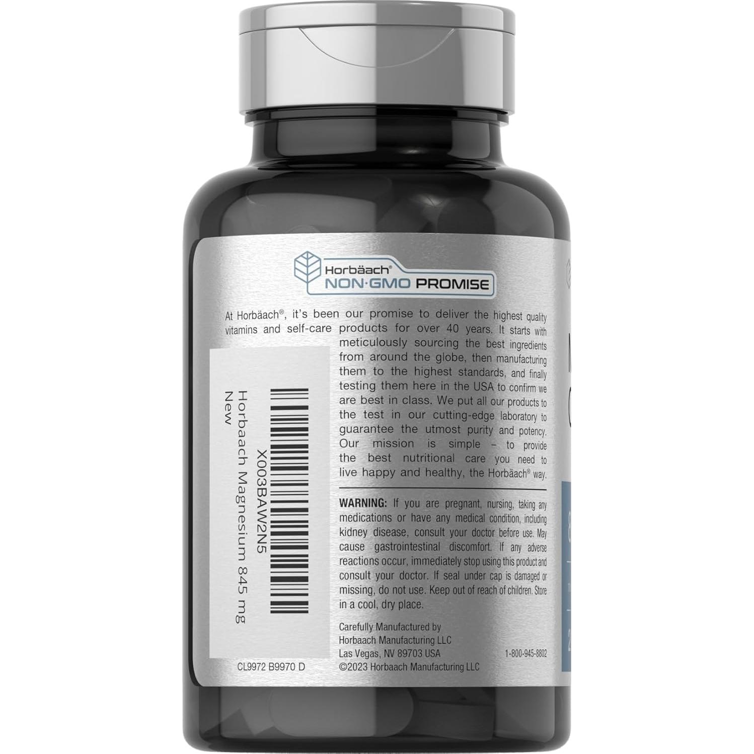 Suplemento de Magnesio Horbaach 845 mg - 200 Tabletas Vegetarianas