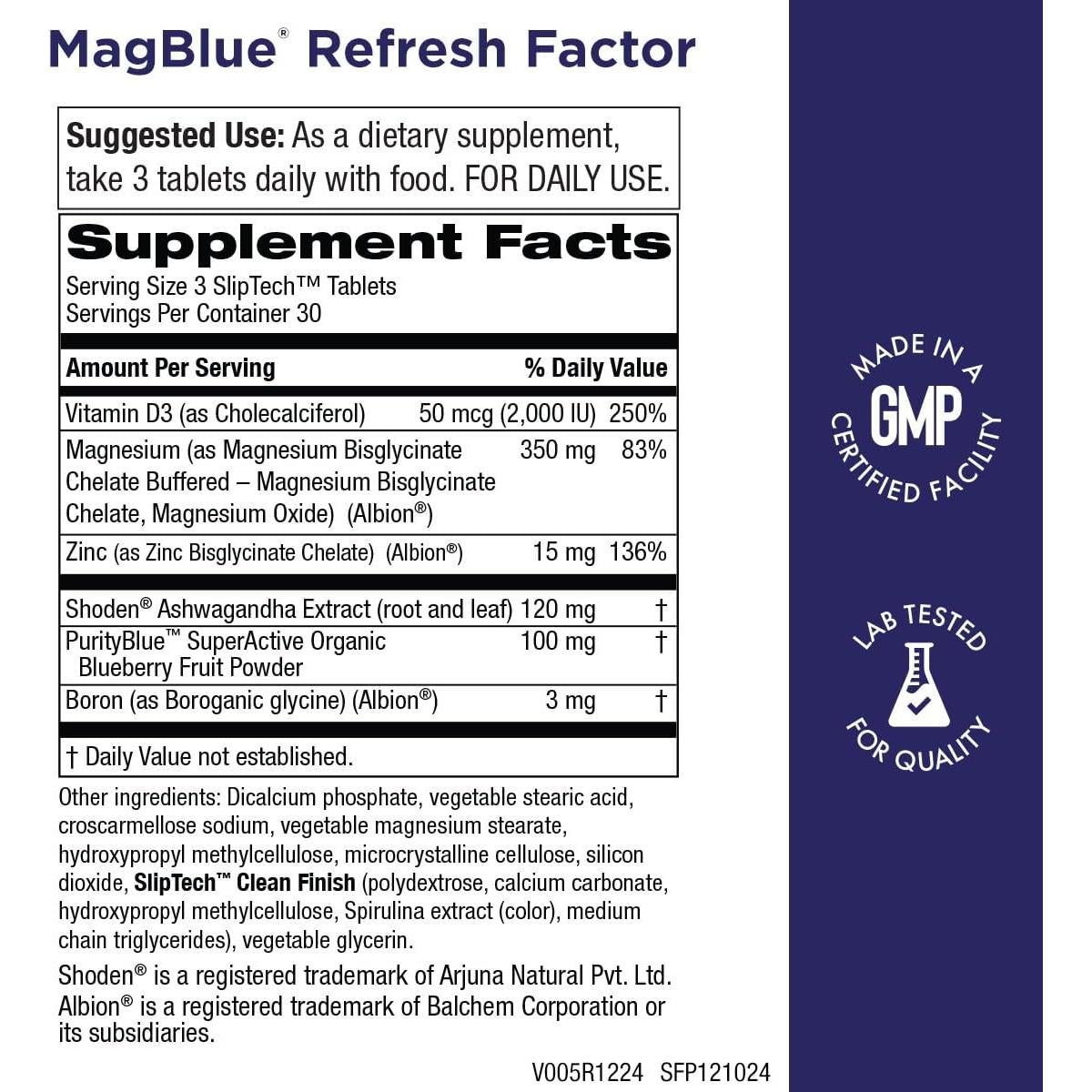 Suplemento MagBlue Purity Products - Magnesio, Ashwagandha, D3, Zinc - 90 Tabletas