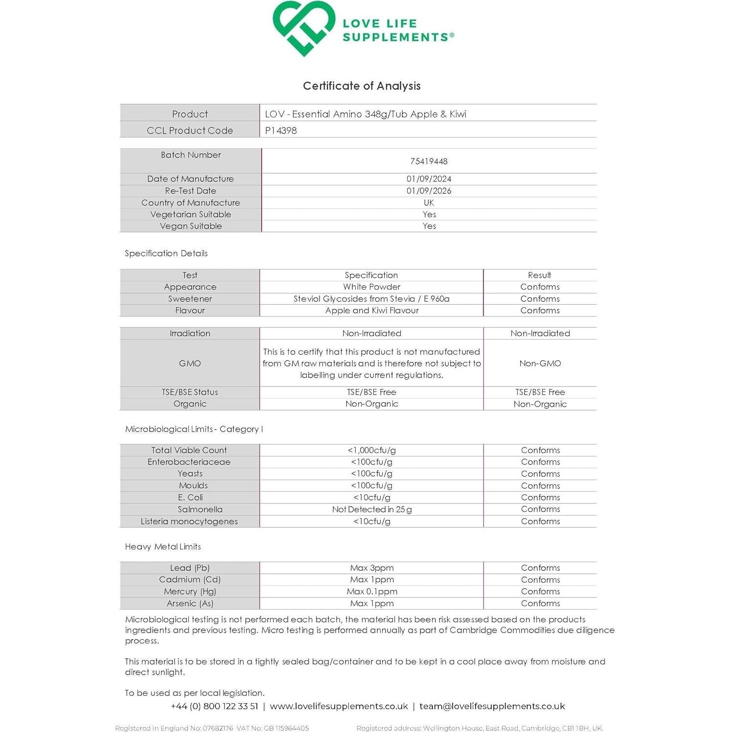 Suplementos Love Life EAA Aminoácidos Esenciales 348g Sabor Manzana y Kiwi