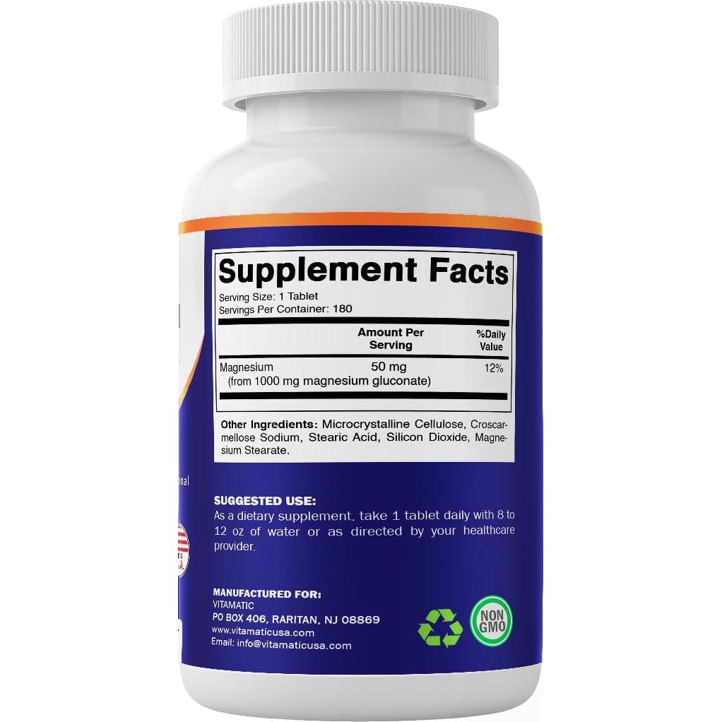Gluconato de Magnesio Vitamatic 1000 mg - 180 Tabletas Vegetarianas