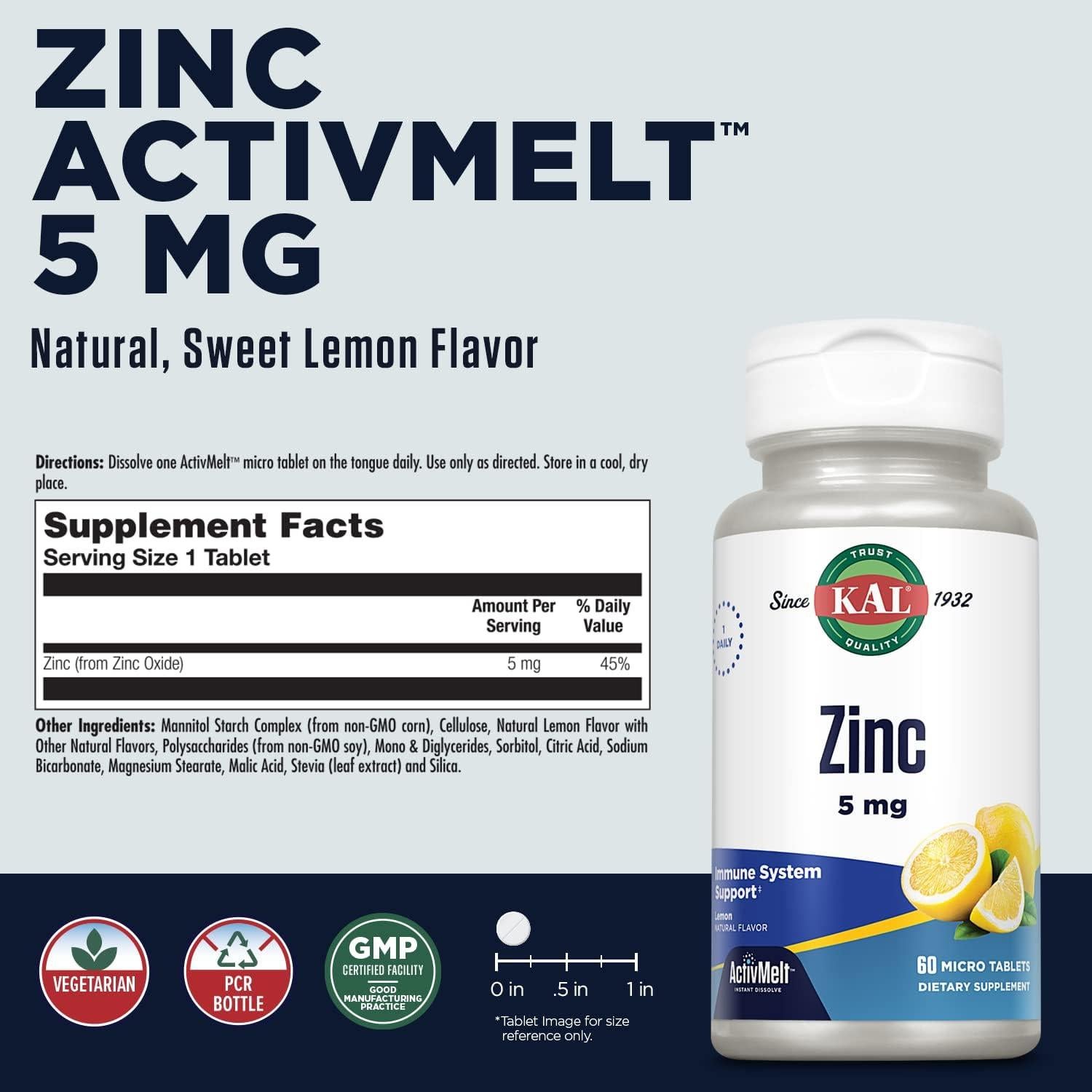 Suplemento de Zinc KAL 5mg ActivMelt Limón 60 Micro Tabletas