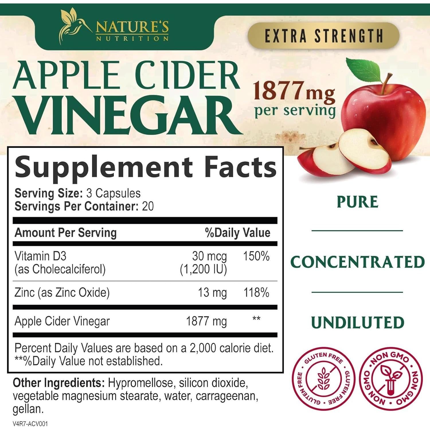 Cápsulas de Vinagre de Sidra de Manzana Nature's Nutrition 1877mg - 60 Unidades
