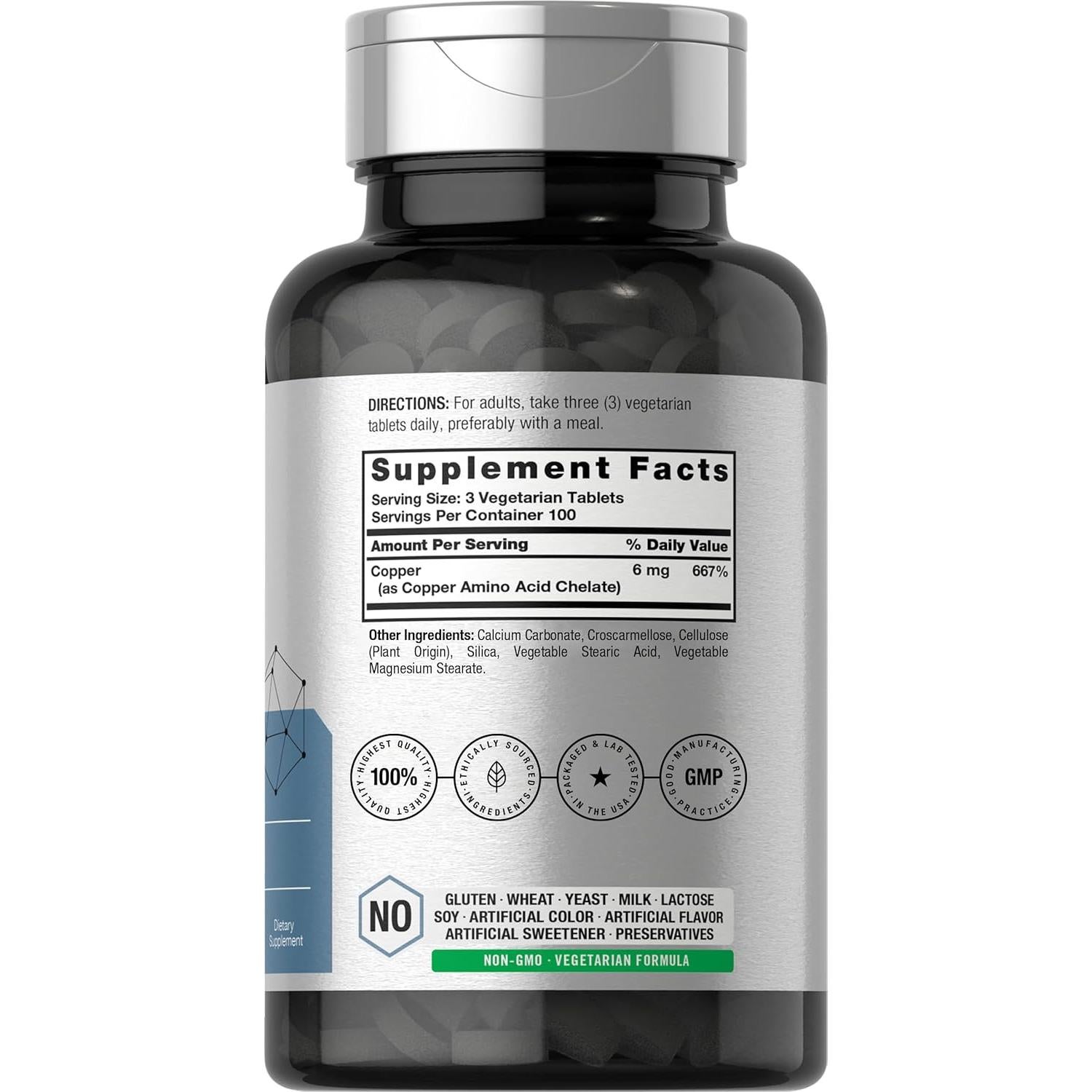 Suplemento de Cobre Quelado Horbaach 6mg - 300 Tabletas Vegetarianas