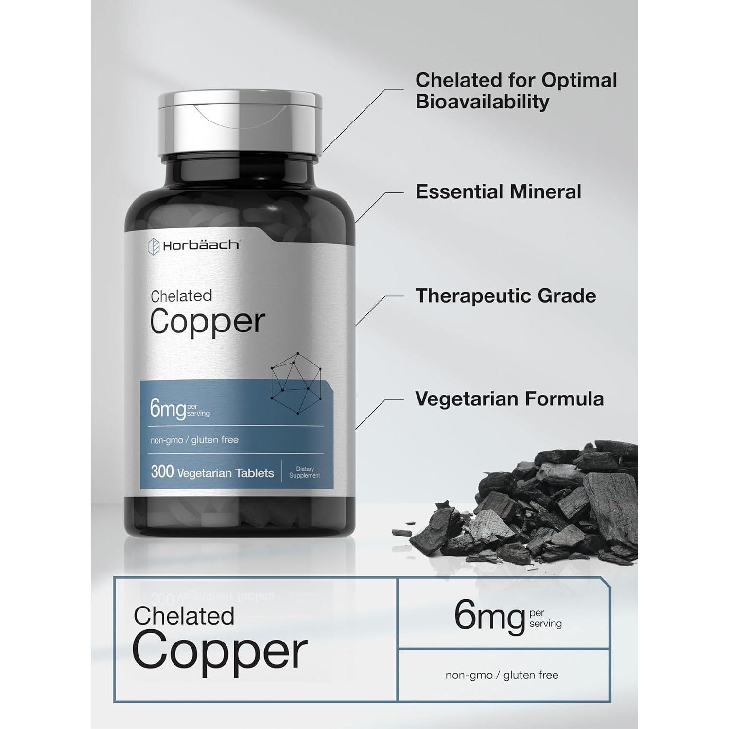 Suplemento de Cobre Quelado Horbaach 6mg - 300 Tabletas Vegetarianas