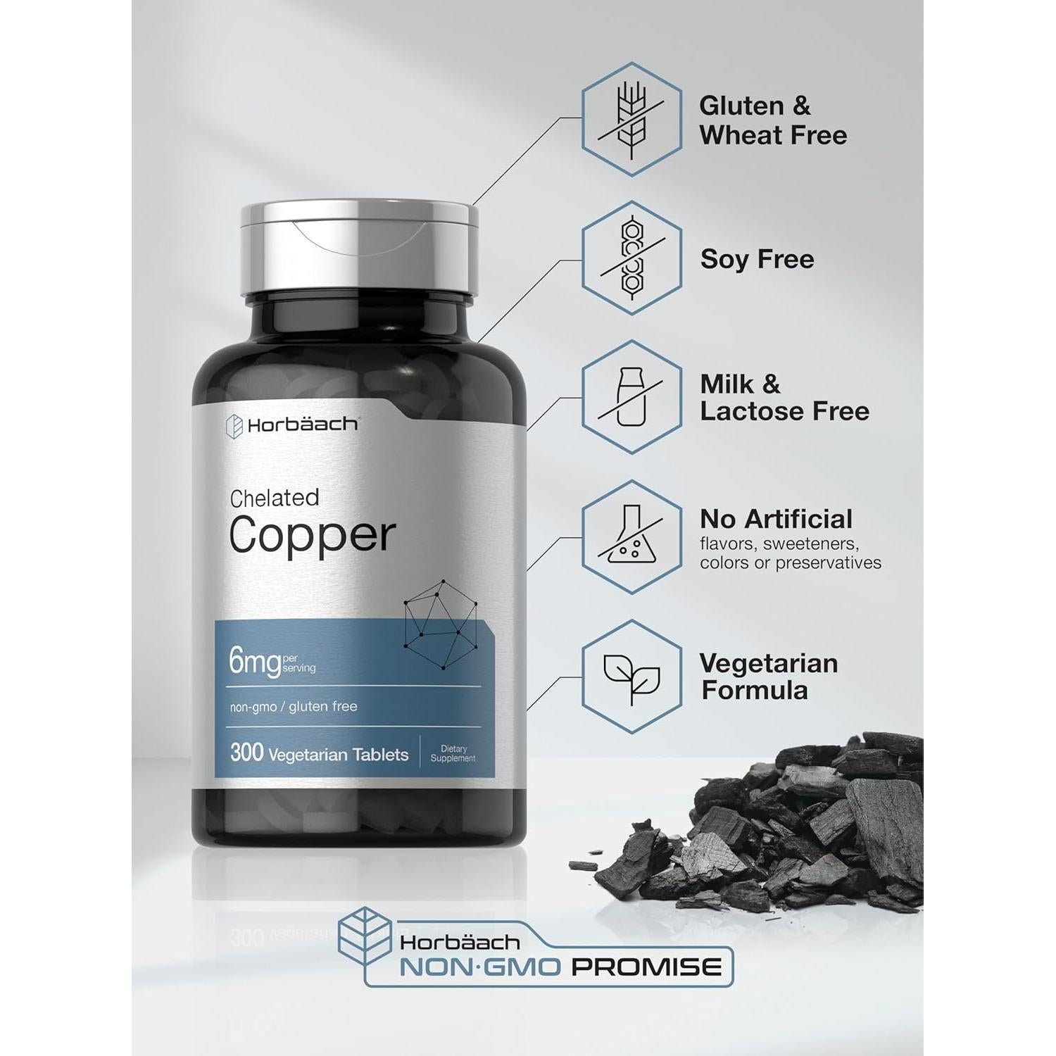 Suplemento de Cobre Quelado Horbaach 6mg - 300 Tabletas Vegetarianas
