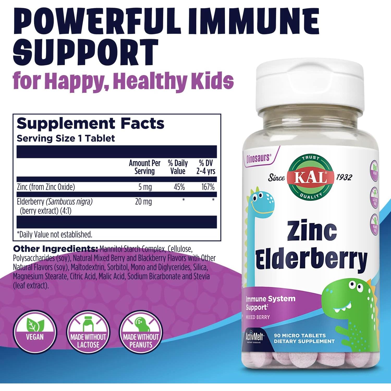 Suplemento Inmunológico KAL Niños Zinc Saúco 90 Tabletas