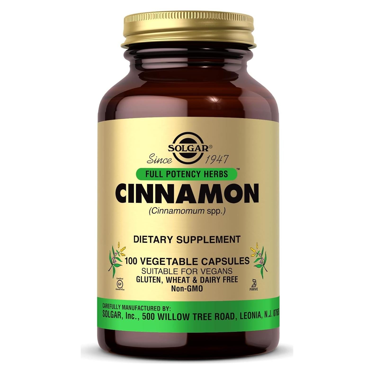 Cápsulas Vegetales de Canela Solgar - 100 Unidades - Vegano