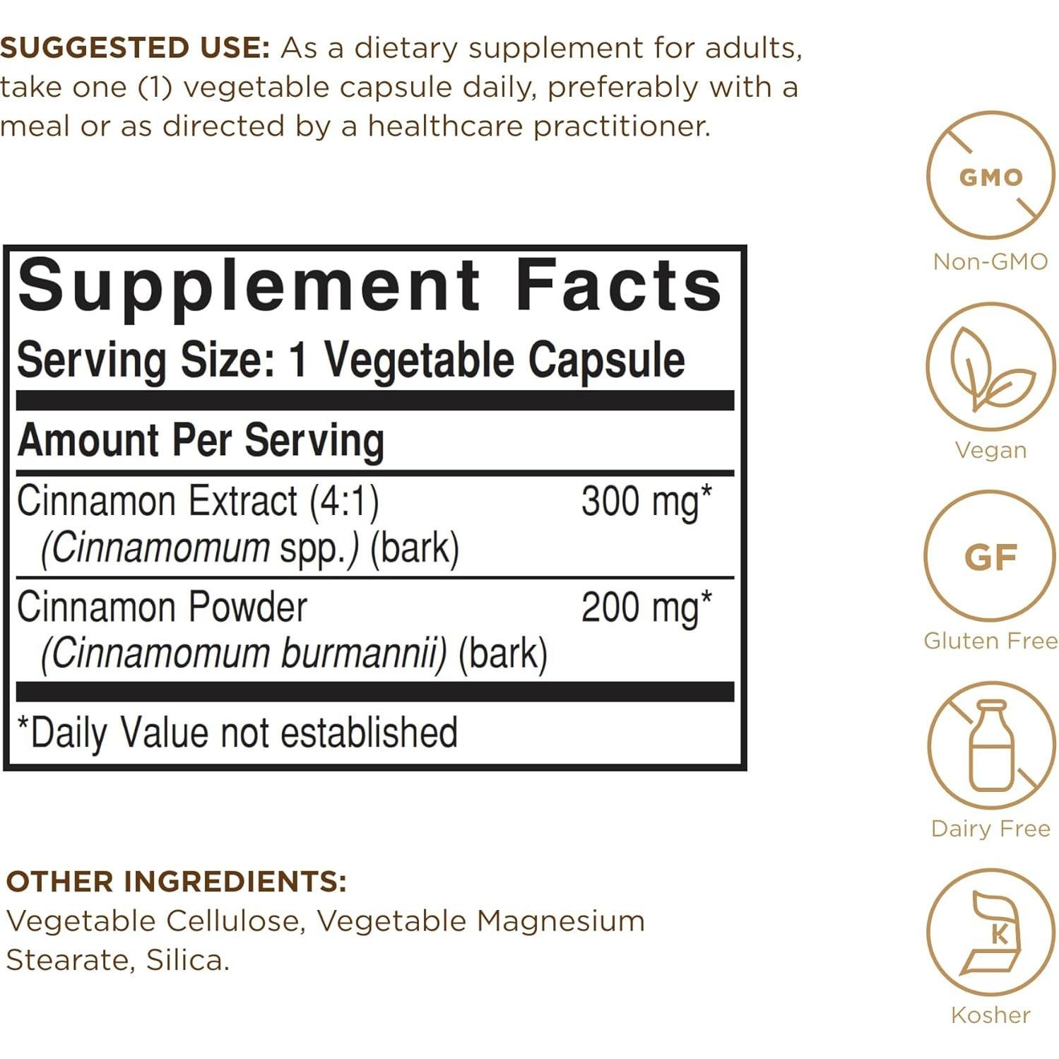 Cápsulas Vegetales de Canela Solgar - 100 Unidades - Vegano