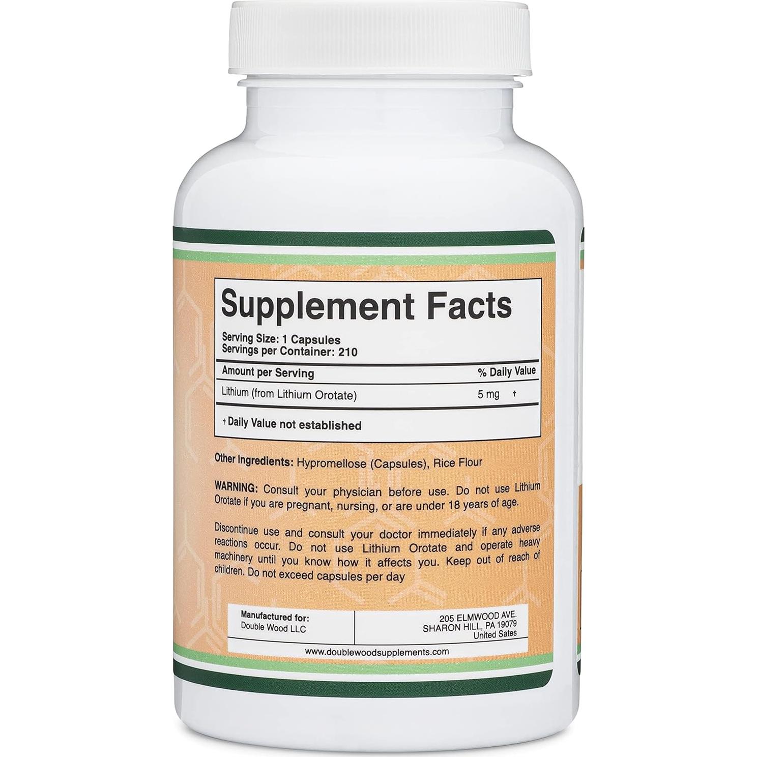 Orotato de Litio 5mg Double Wood - 210 Cápsulas Veganas