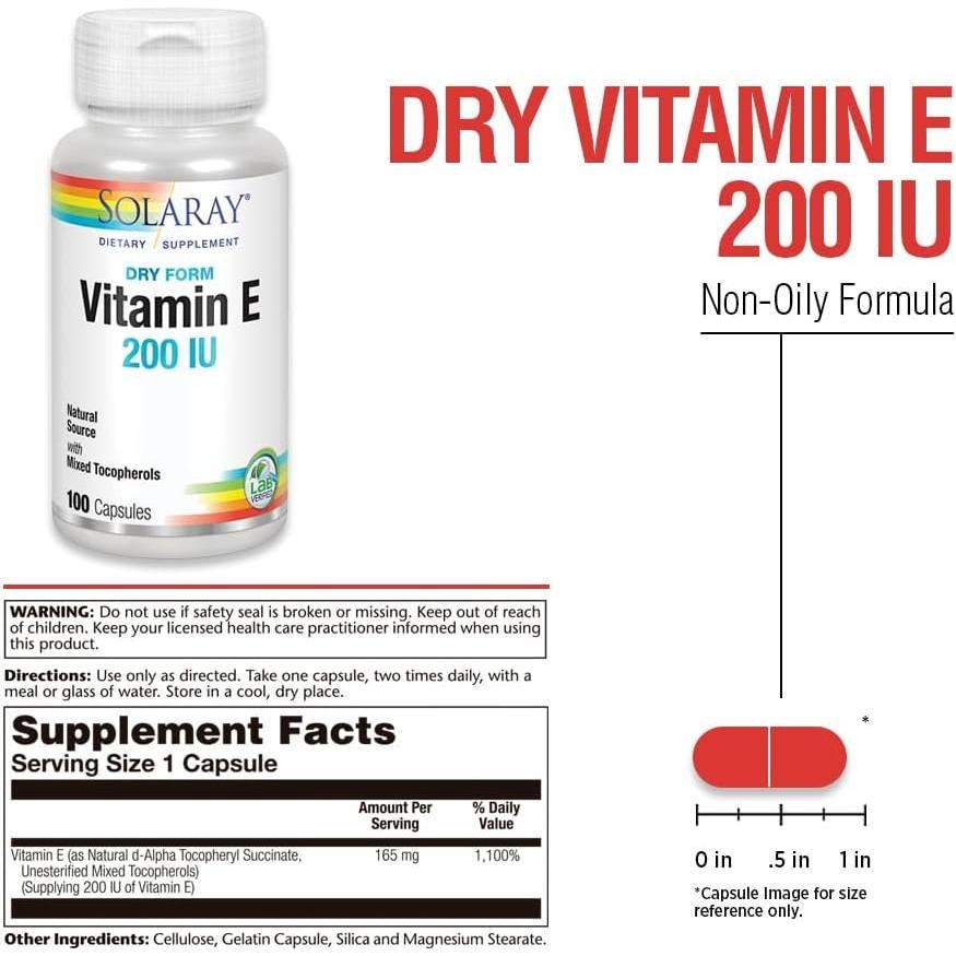 Vitamina E Seca Solaray 200 UI con Tocoferoles Mixtos 100ct
