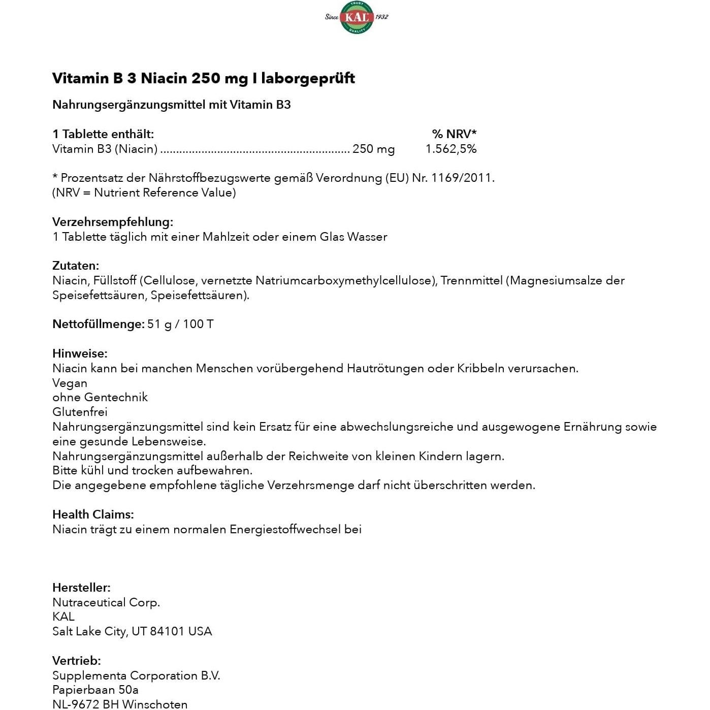 Tabletas de Niacina 250 mg KAL - 100 unidades