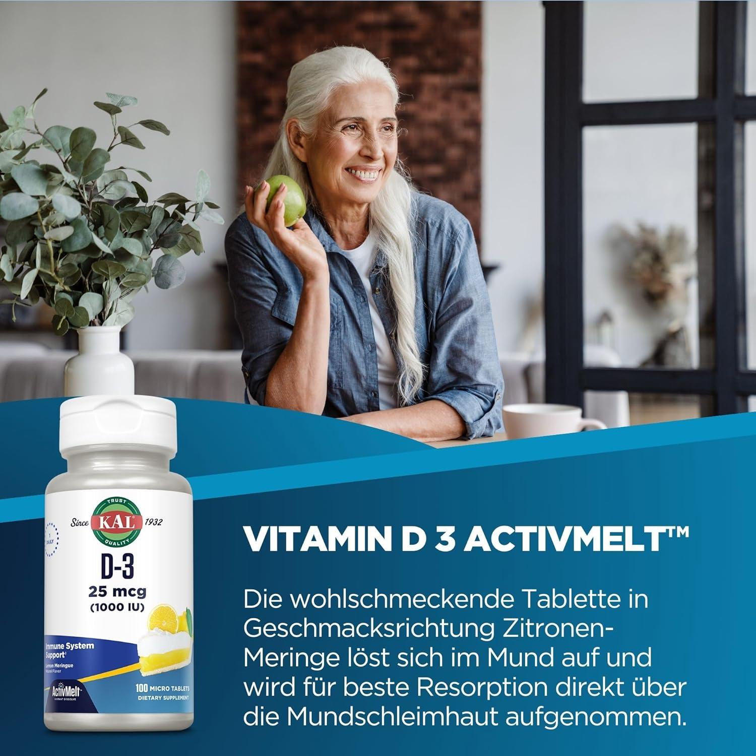 KAL Vitamina D3 1000 UI Sabor Limón 100 Tabletas ActivMelt