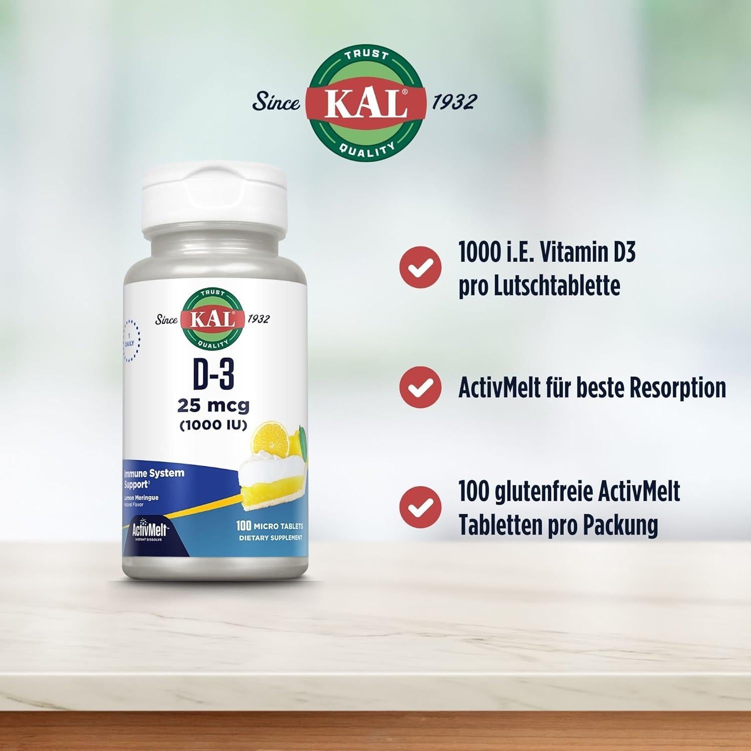 KAL Vitamina D3 1000 UI Sabor Limón 100 Tabletas ActivMelt