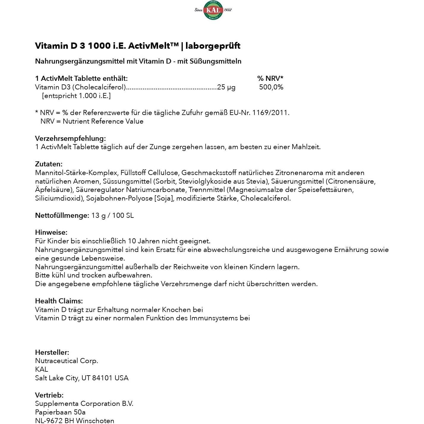 KAL Vitamina D3 1000 UI Sabor Limón 100 Tabletas ActivMelt