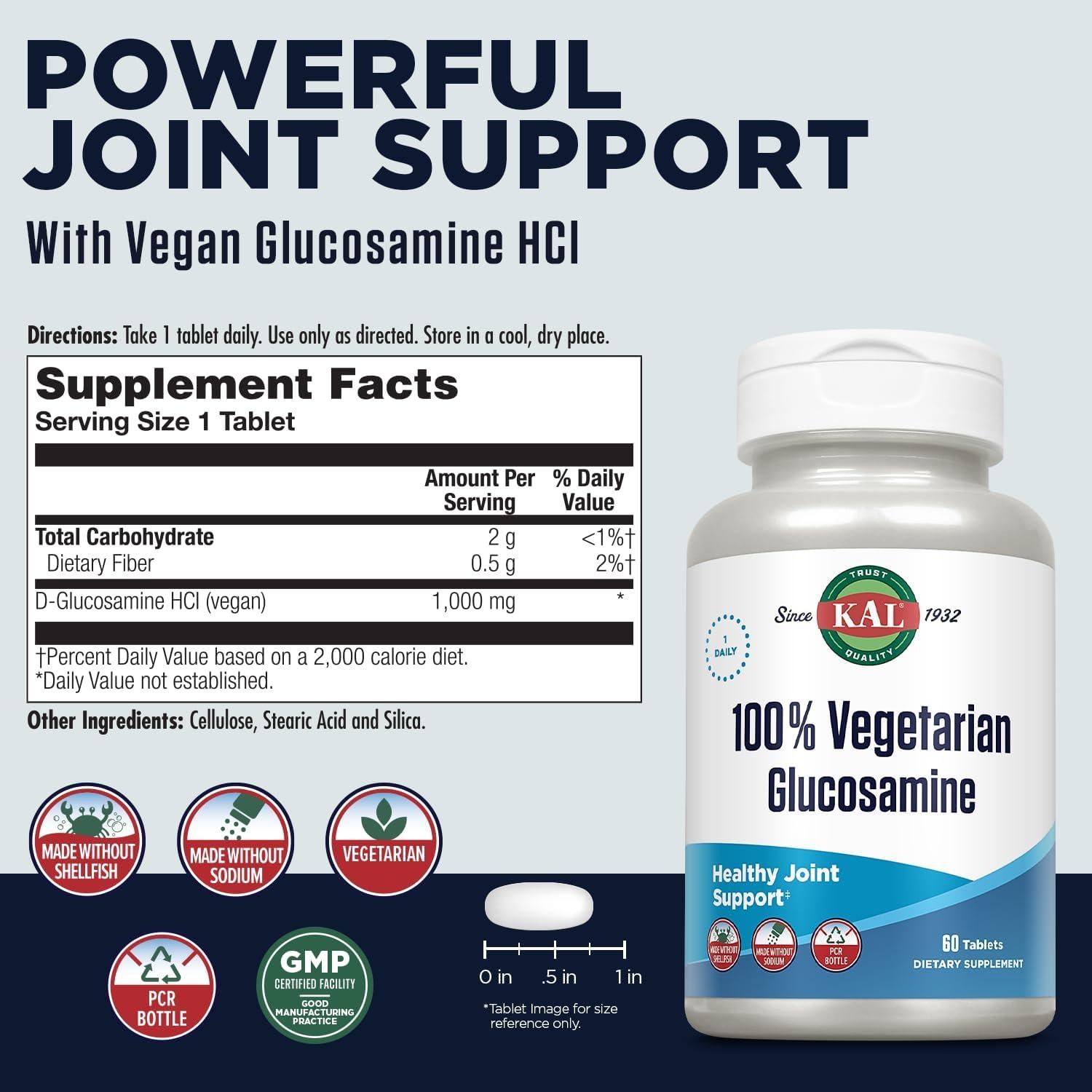 Suplemento KAL Glucosamina 1000 mg Vegano 60 Tabletas