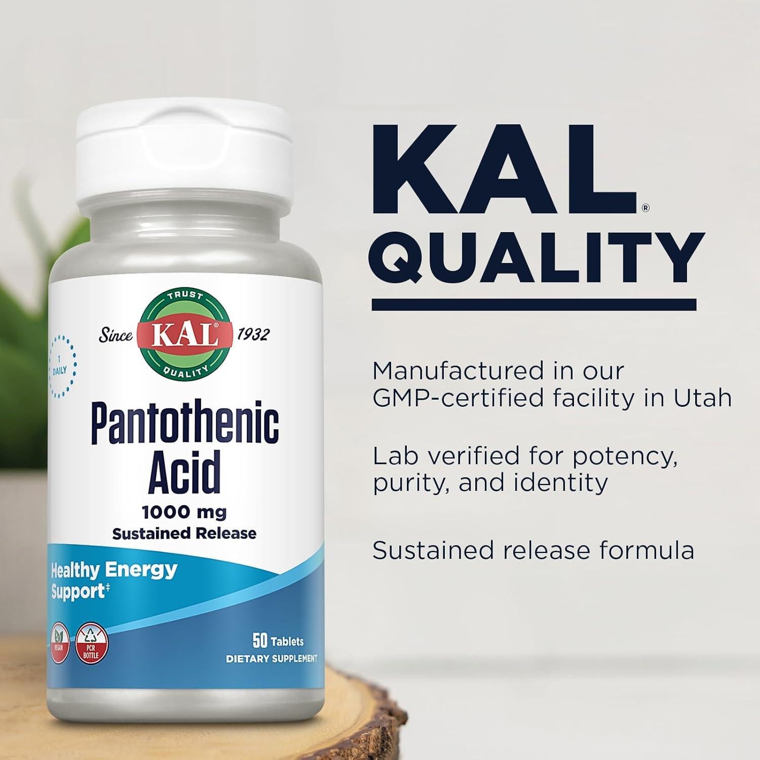 KAL Ácido Pantoténico 1000mg Vegano - 50 Tabletas