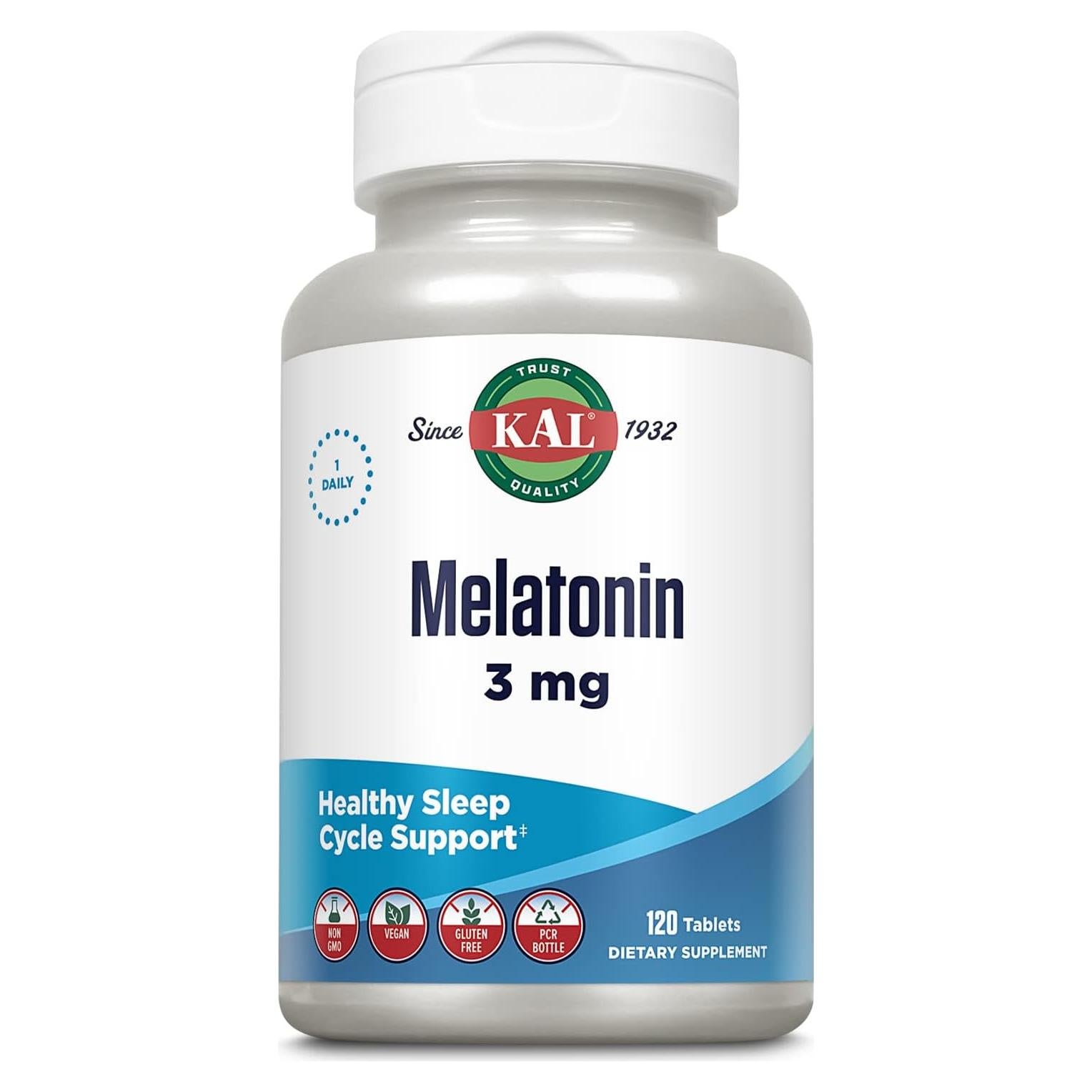 KAL Melatonina 3mg con Vitamina B6, 120 Tabletas Veganas