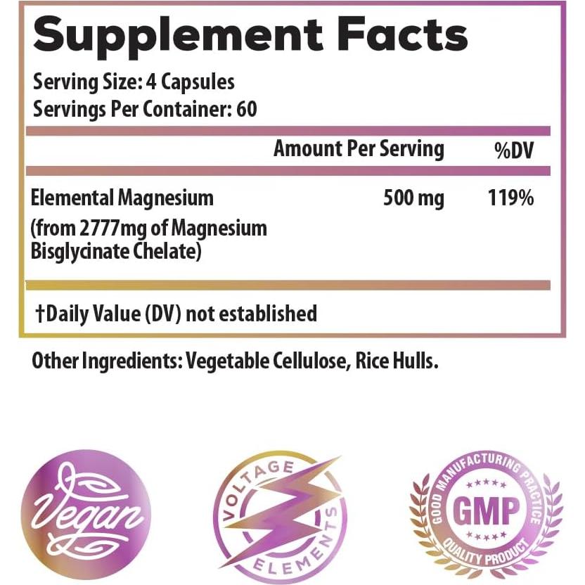 Suplemento de Magnesio Glicinato Elemental 500mg - 240 Cápsulas Veganas