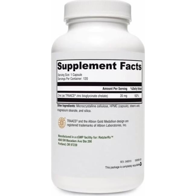 Suplemento de Zinc Glicinato 20mg - HormoneSynergy - 120 Cápsulas Vegetarianas