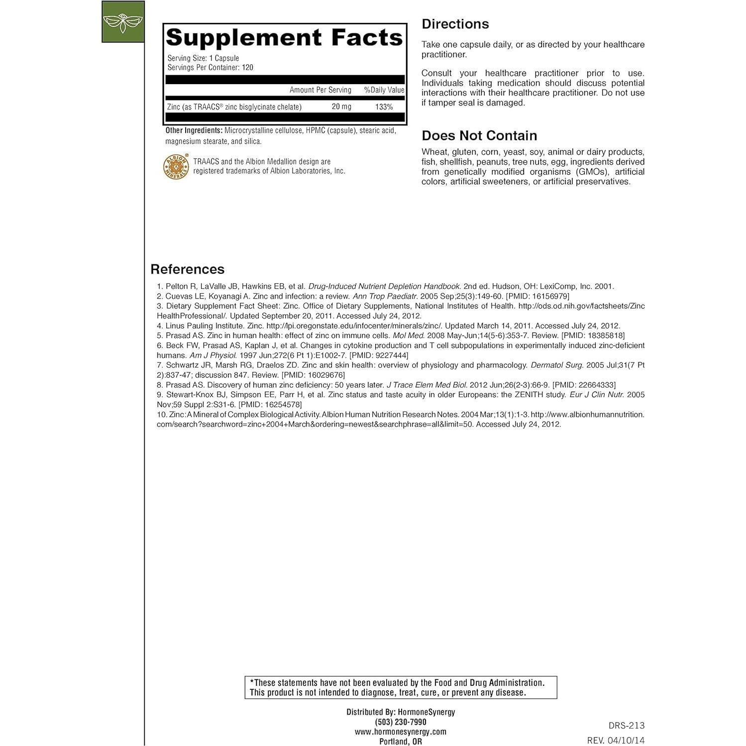 Suplemento de Zinc Glicinato 20mg - HormoneSynergy - 120 Cápsulas Vegetarianas