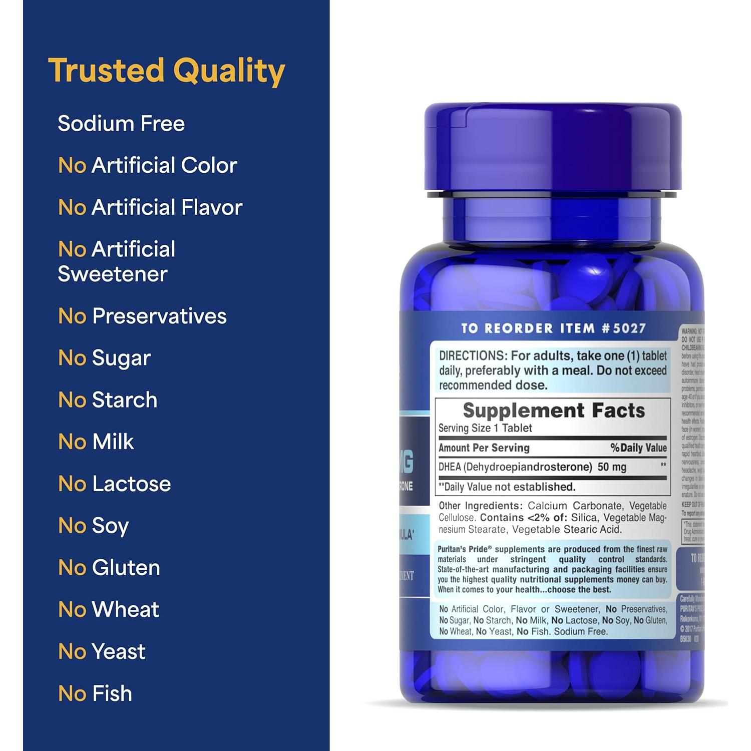 Suplemento DHEA Puritan's Pride 50mg 100 Tabletas Envejecimiento Saludable