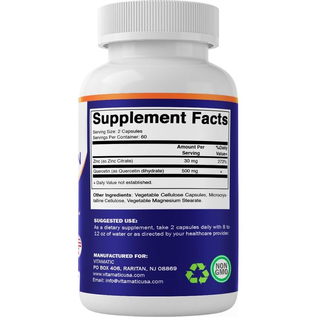 Vitamatic Zinc Quercetin 120 Cápsulas Vegetarianas 30mg Zinc 500mg Quercetina