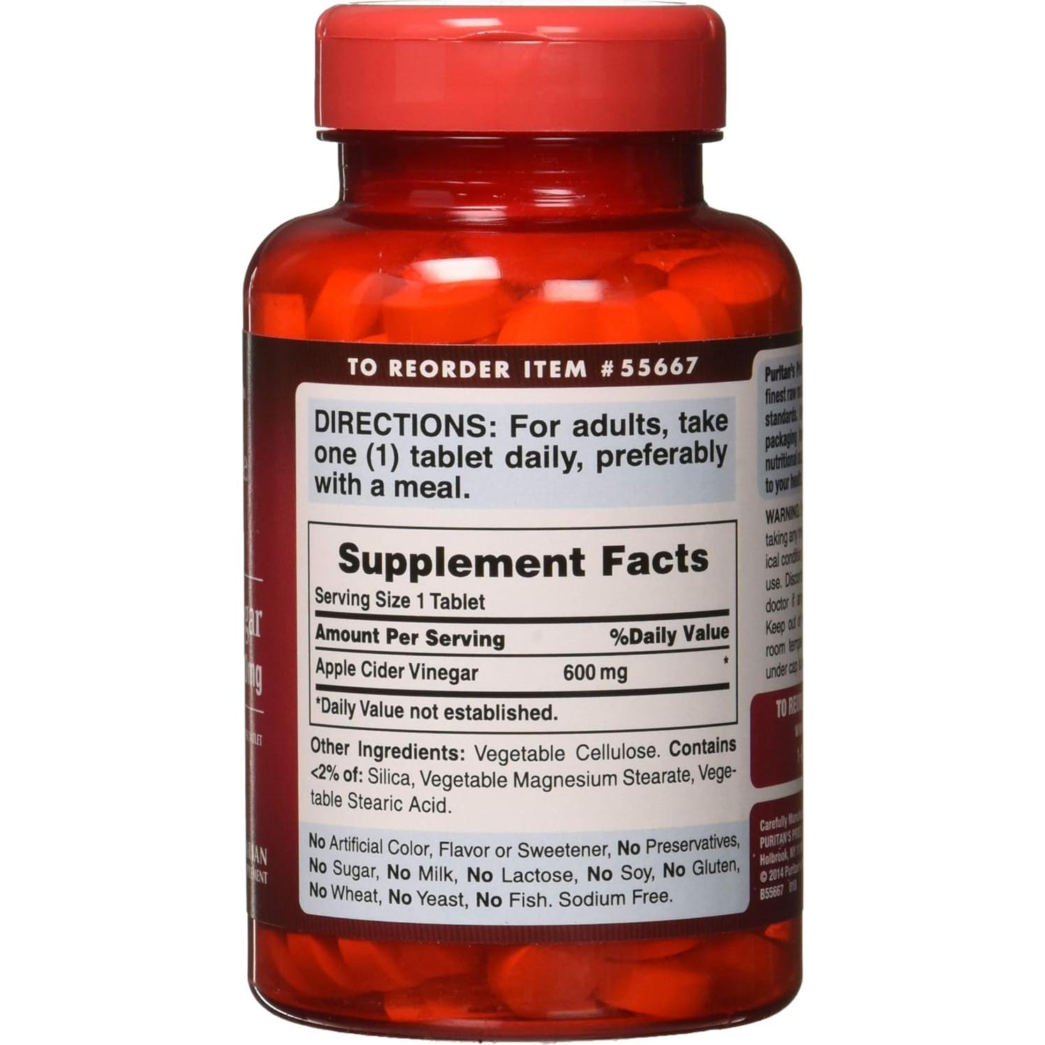 Vinagre de Sidra de Manzana Puritan's Pride 600 mg 200 Tabletas