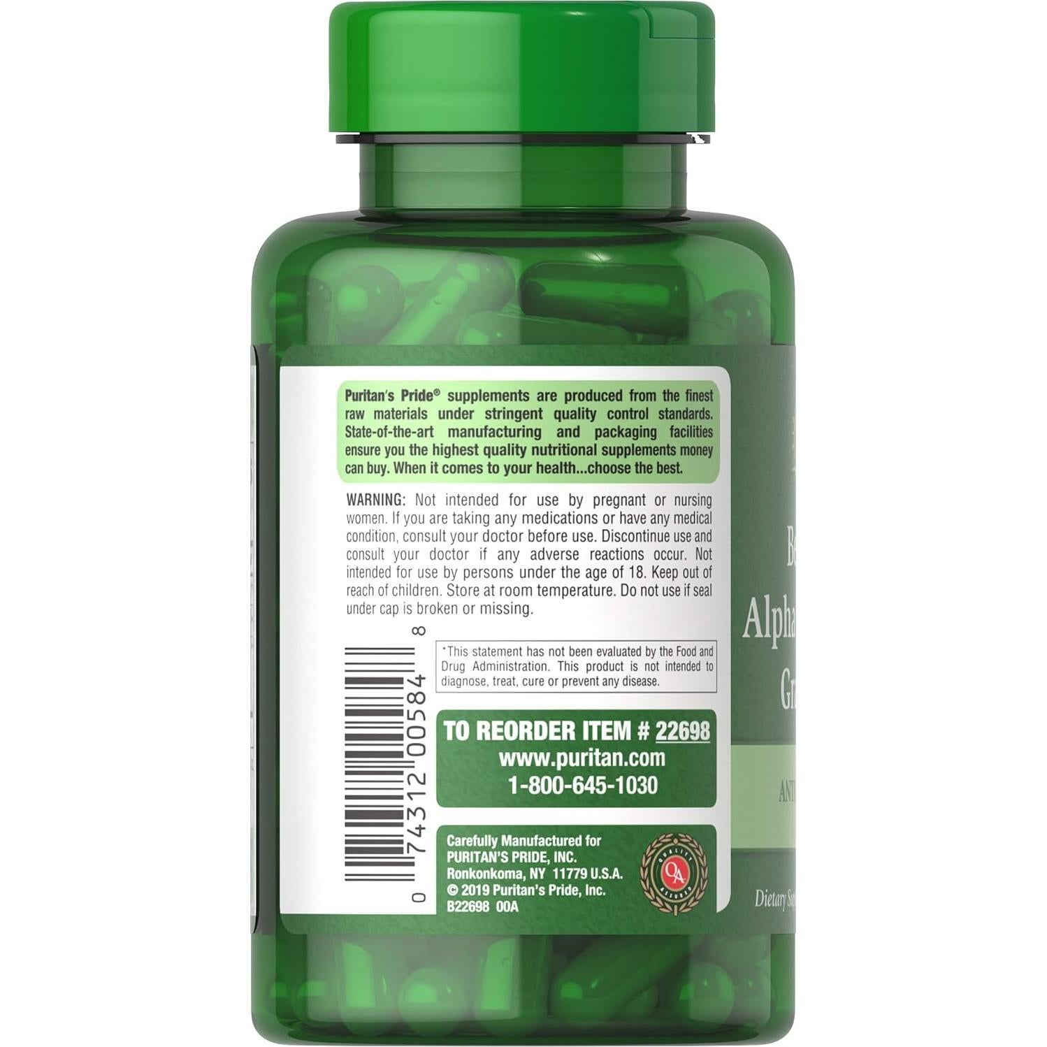 Suplemento Antioxidante Berberina Puritan's Pride 90 Cápsulas