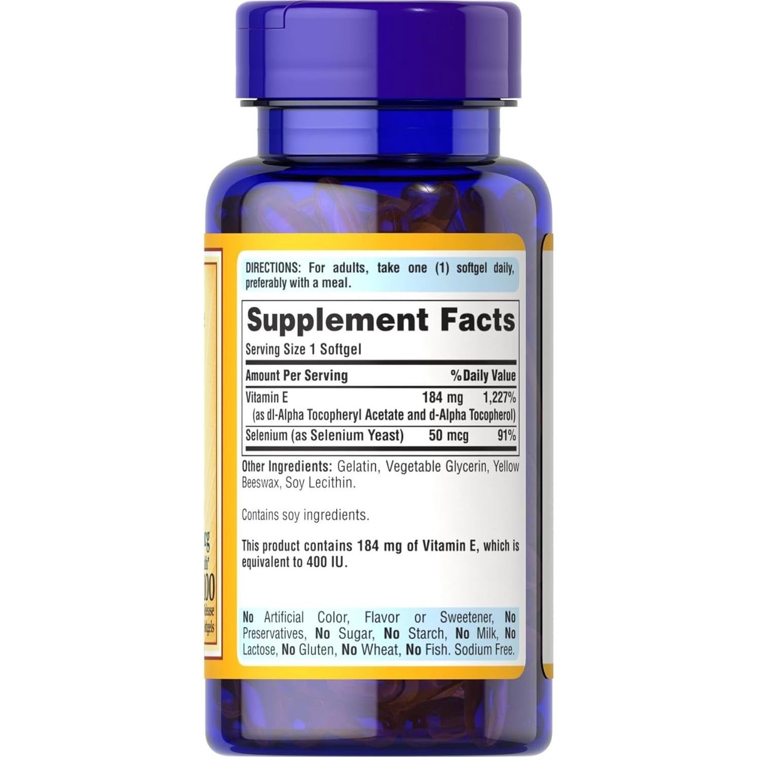 Suplemento Vitamina E Puritan's Pride 184mg + Selenio 50mcg