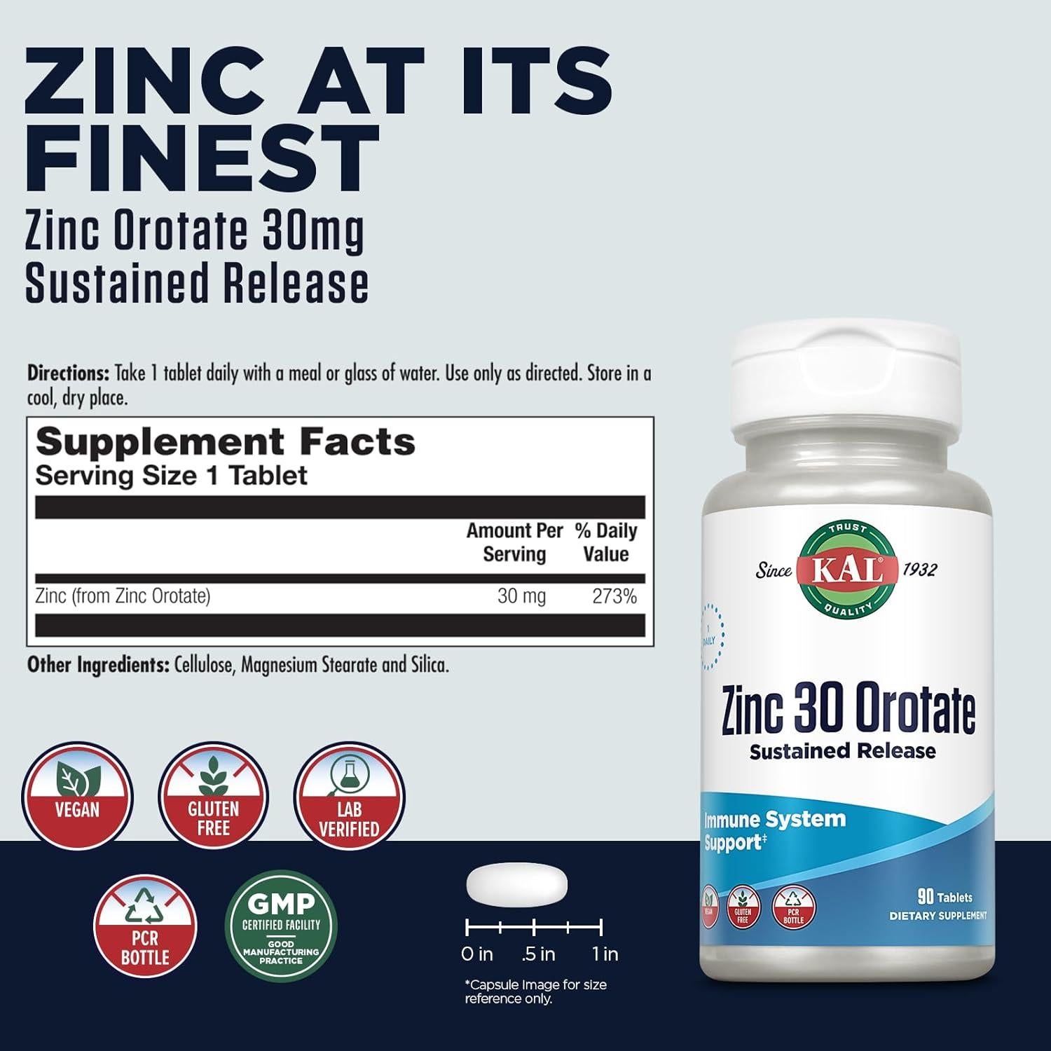 Suplemento de Zinc KAL 30mg, 90 Tabletas Veganas, Inmunidad