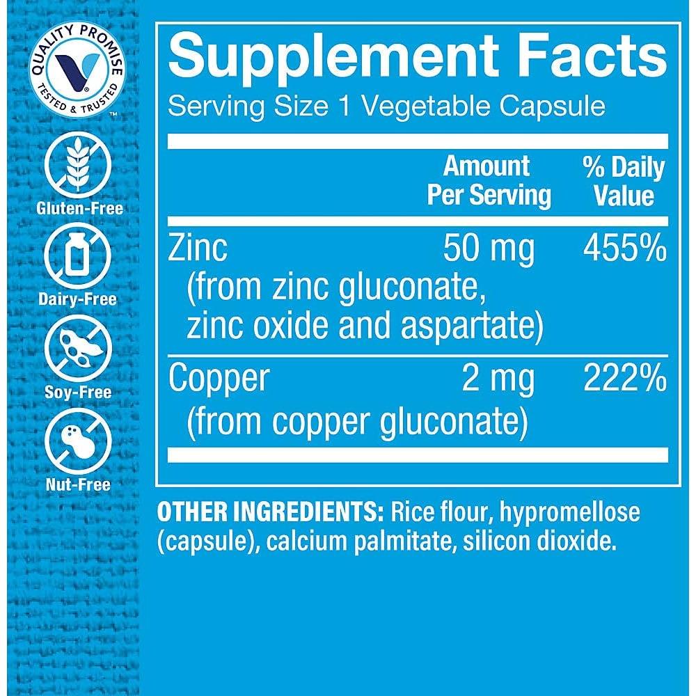 Zinc y Cobre The Vitamin Shoppe 50mg - 100 Cápsulas Vegetarianas
