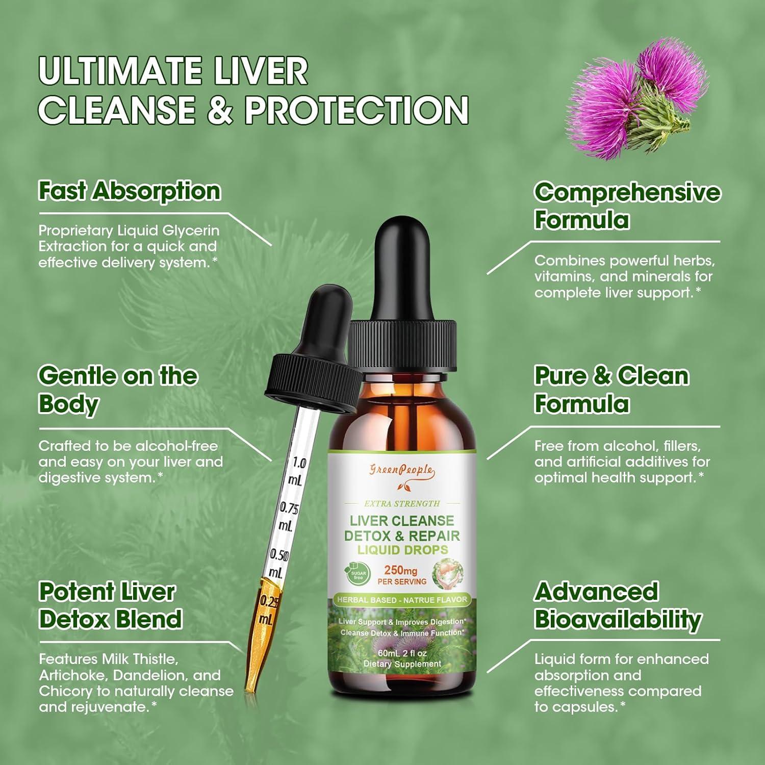 Liver Cleanse Detox & Repair Drops - Liver Supplement w/Milk Thistle Silymarin, Artichoke & Dandelion for Liver Detox & Support- 16x Potent Herb-Nutrients - 2Fl Oz Natural Flavor