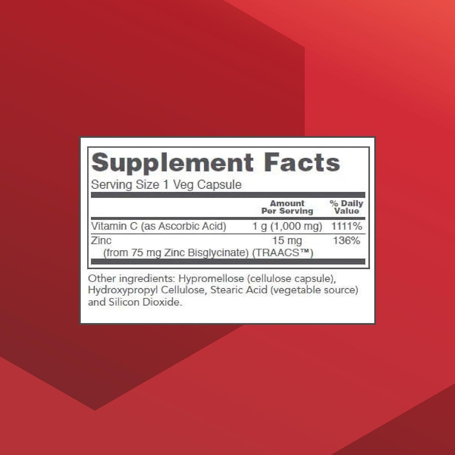 Suplemento Vitamina C 1000mg + Zinc 15mg Protocolo Vegano - 120 Cápsulas