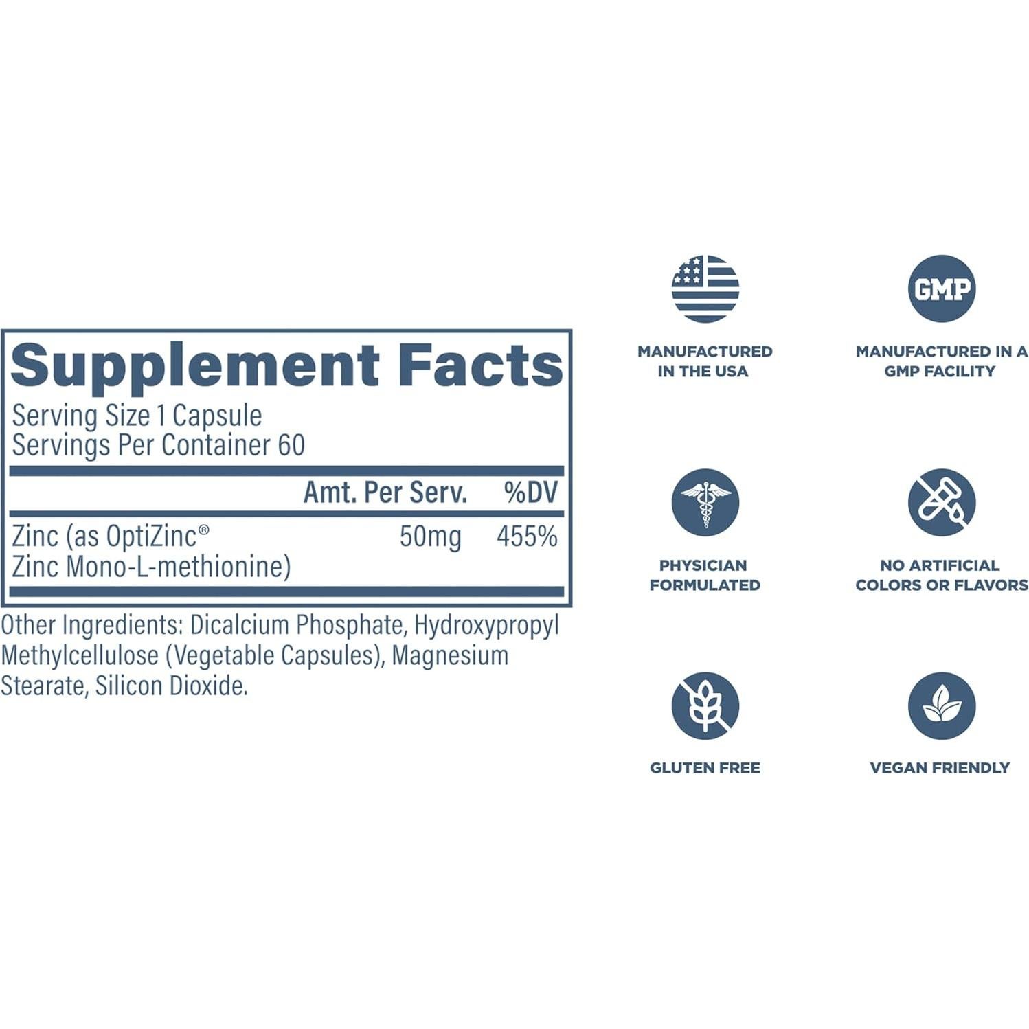 Suplemento de Zinc Revive MD 50mg - 60 Cápsulas Inmunidad