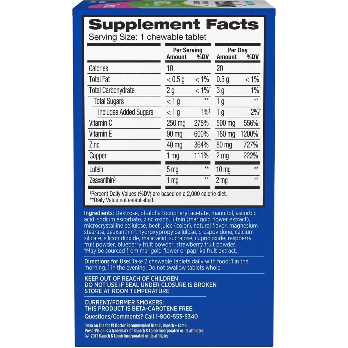 Vitaminas Masticables para Ojos PreserVision AREDS 2 Bausch + Lomb 60 Tabletas