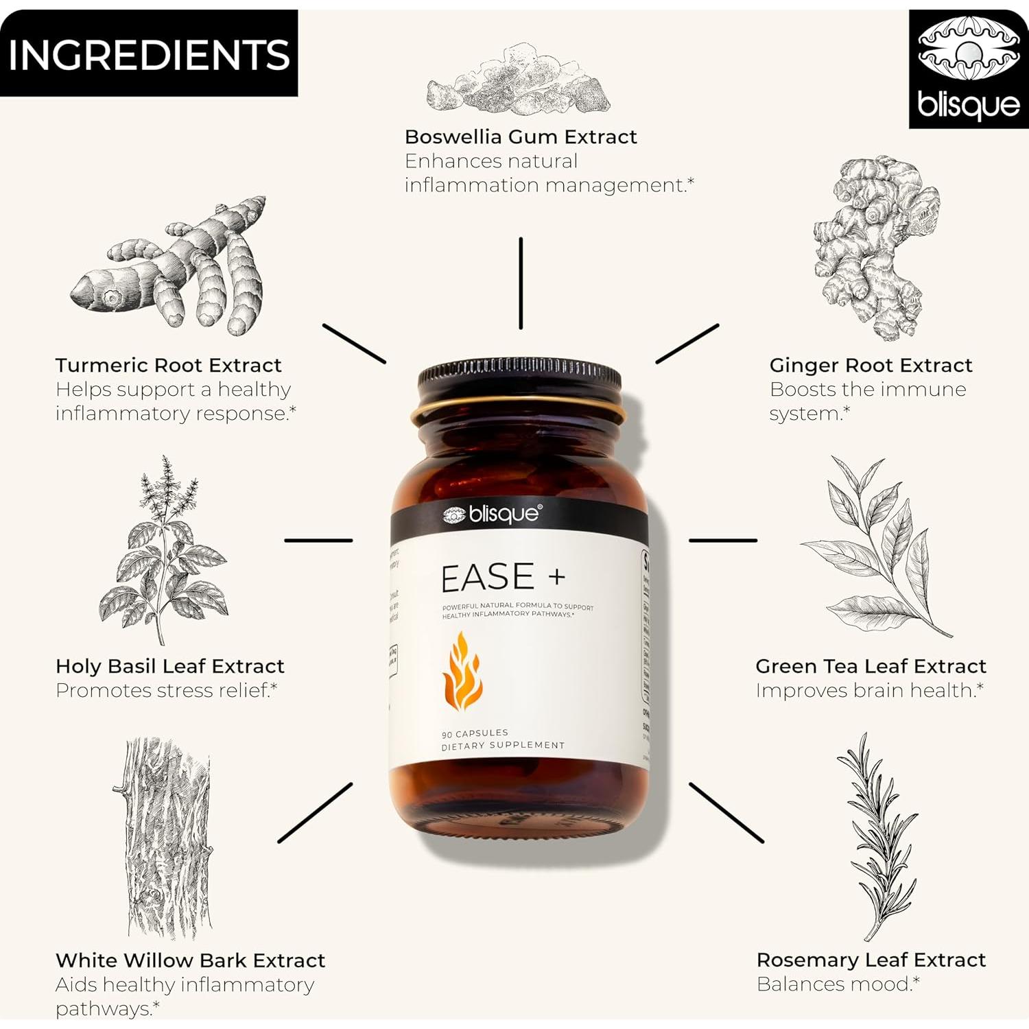 Suplemento Natural Blisque EASE + 90 Cápsulas Veganas con Cúrcuma