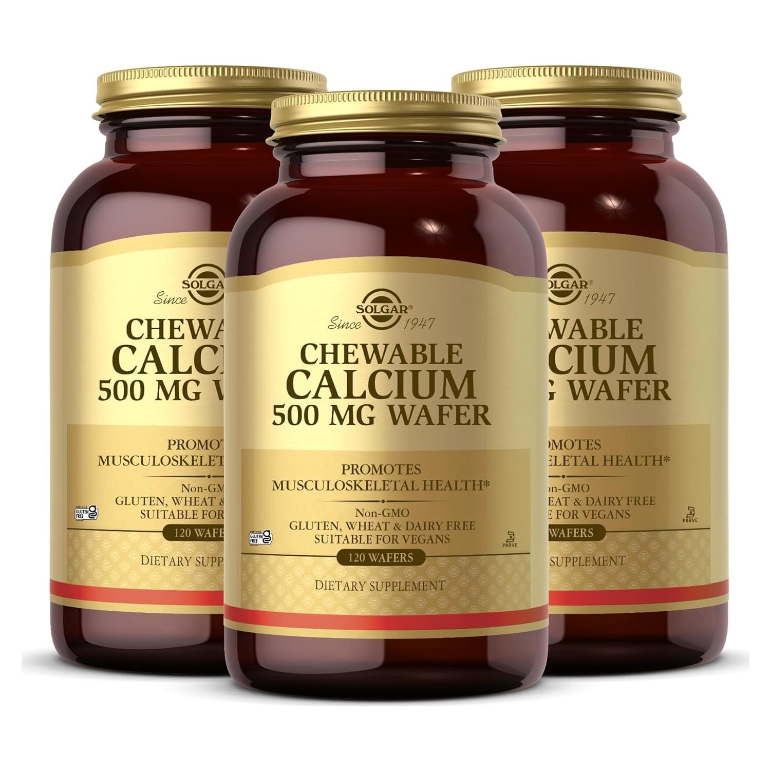 Suplemento de Calcio Masticable Solgar 500 mg - 3 Paquetes de 120 Wafers - Vegano y Libre de Gluten