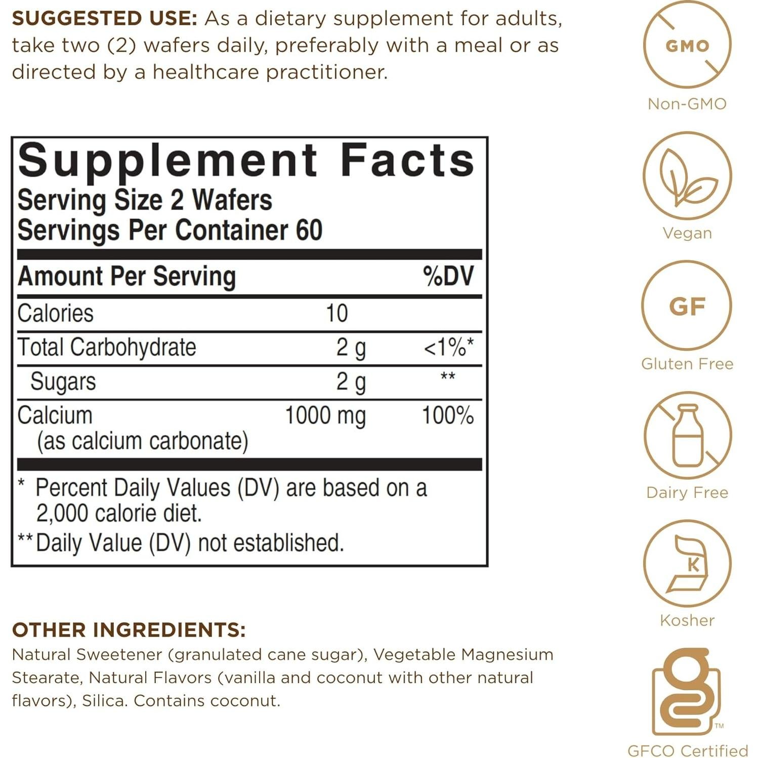Suplemento de Calcio Masticable Solgar 500 mg - 3 Paquetes de 120 Wafers - Vegano y Libre de Gluten