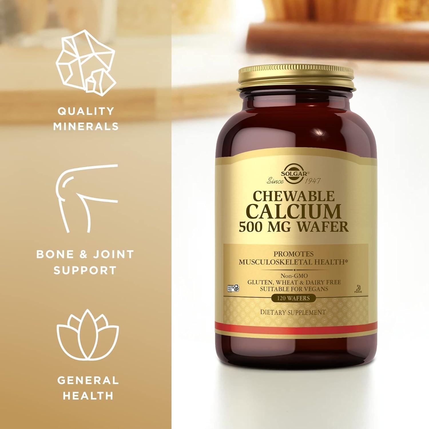 Suplemento de Calcio Masticable Solgar 500 mg - 3 Paquetes de 120 Wafers - Vegano y Libre de Gluten