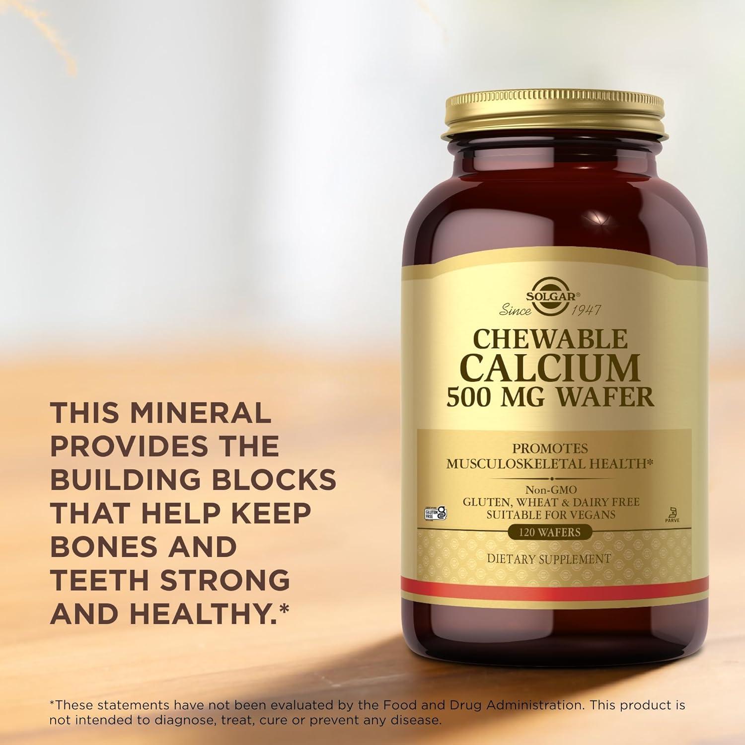 Suplemento de Calcio Masticable Solgar 500 mg - 3 Paquetes de 120 Wafers - Vegano y Libre de Gluten
